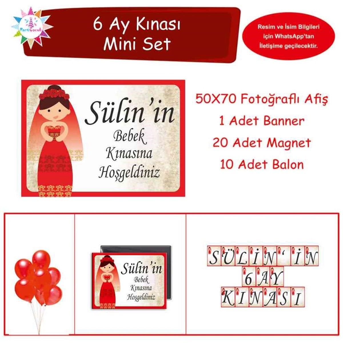 6 Ay Kınası Kına Karikatürlü Parti Kırmızı Mini Set 