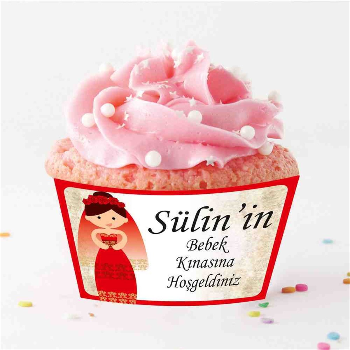 6 Ay Kınası Kına Karikatürlü Parti Kırmızı Cupcake Sargısı 