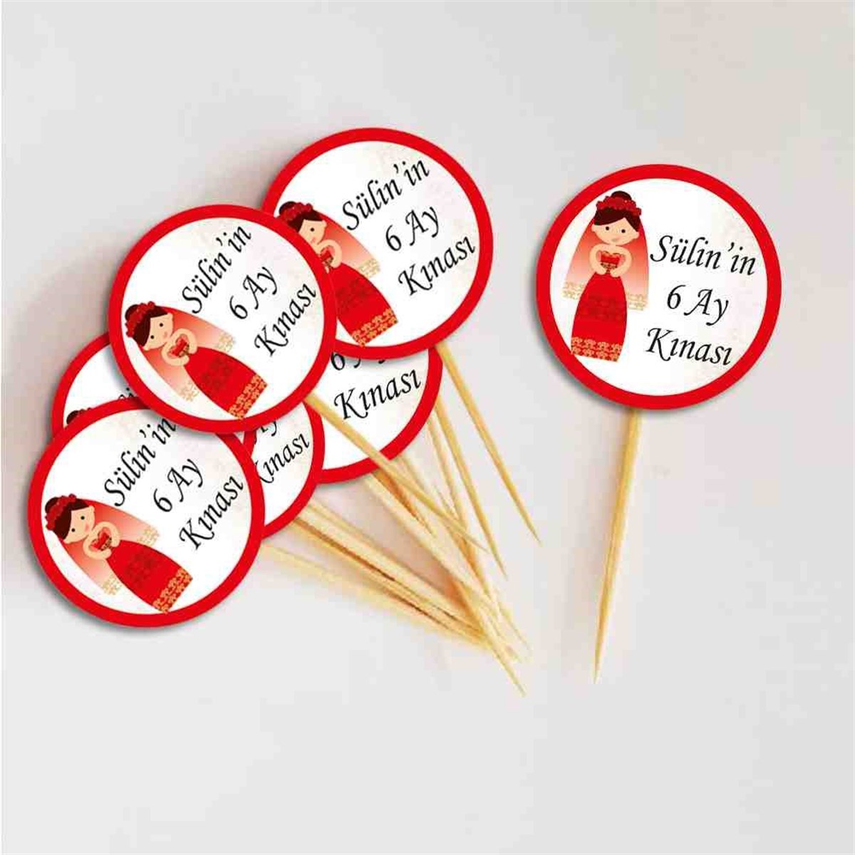 6 Ay Kınası Kına Karikatürlü Parti Kırmızı Cupcake Kurdanı 