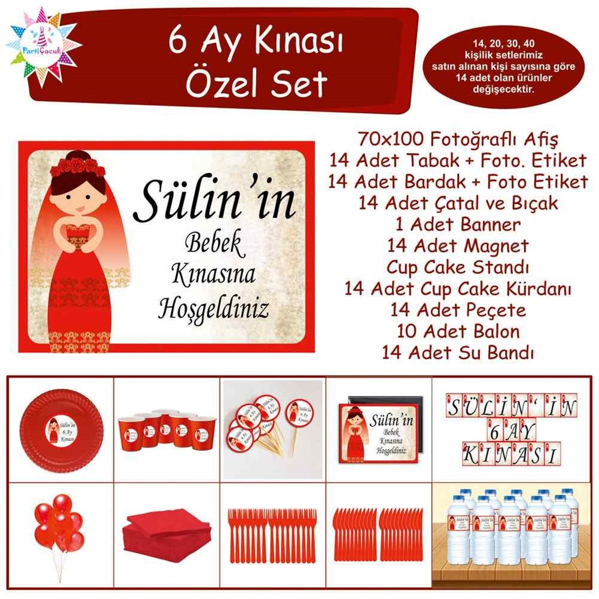 6 Ay Kınası Kına Karikatürlü Parti Özel Set 