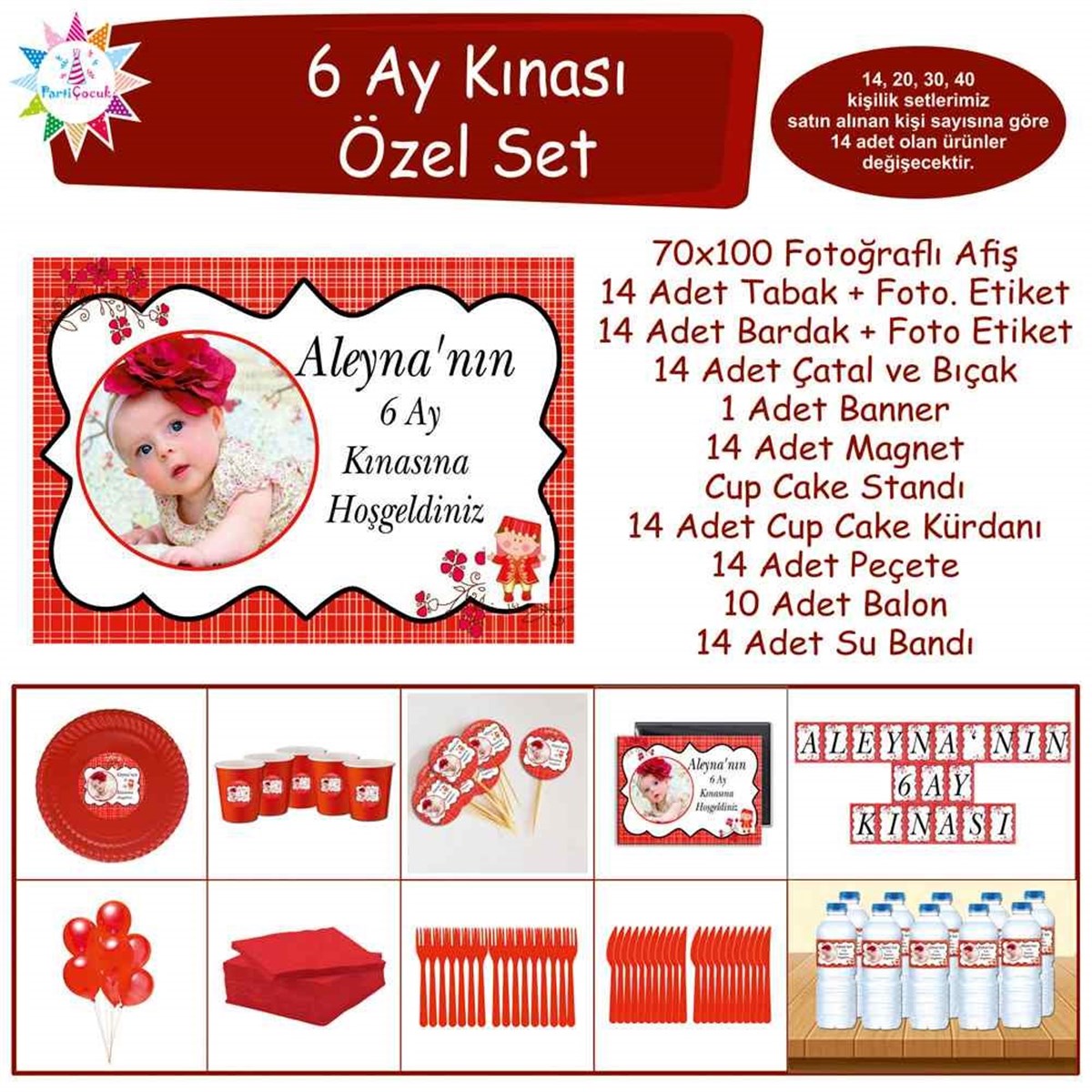 6 Ay Kınası Kırmızı Çizgili Çiçekli Özel Set 