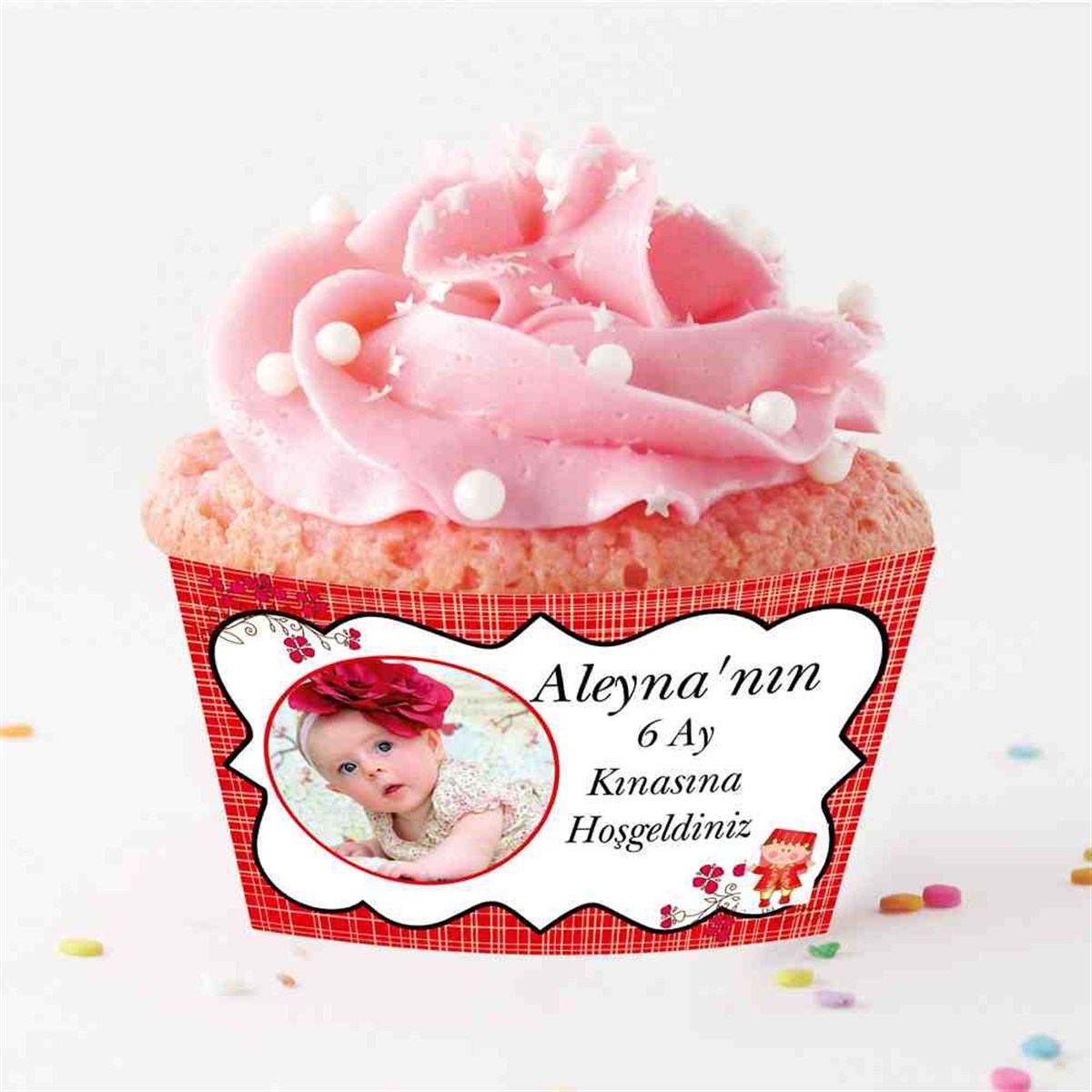 6 Ay Kınası Kırmızı Çizgili Çiçekli Parti Süsleri Cupcake Sargısı 