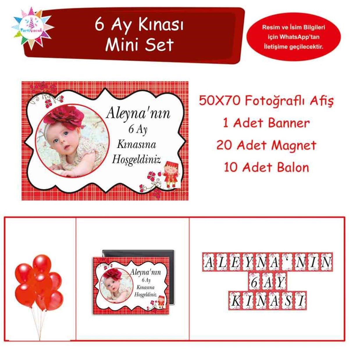6 Ay Kınası Kırmızı Çizgili Çiçekli Parti Süsleri Mini Set 