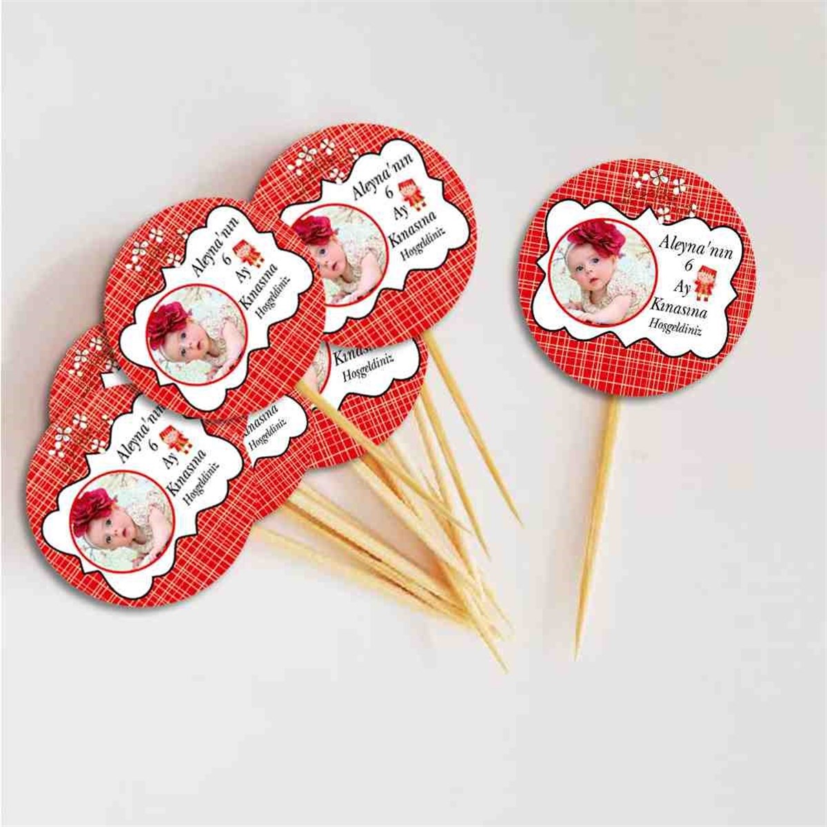 6 Ay Kınası Kırmızı Çizgili Çiçekli Parti Süsleri Cupcake Kurdanı 
