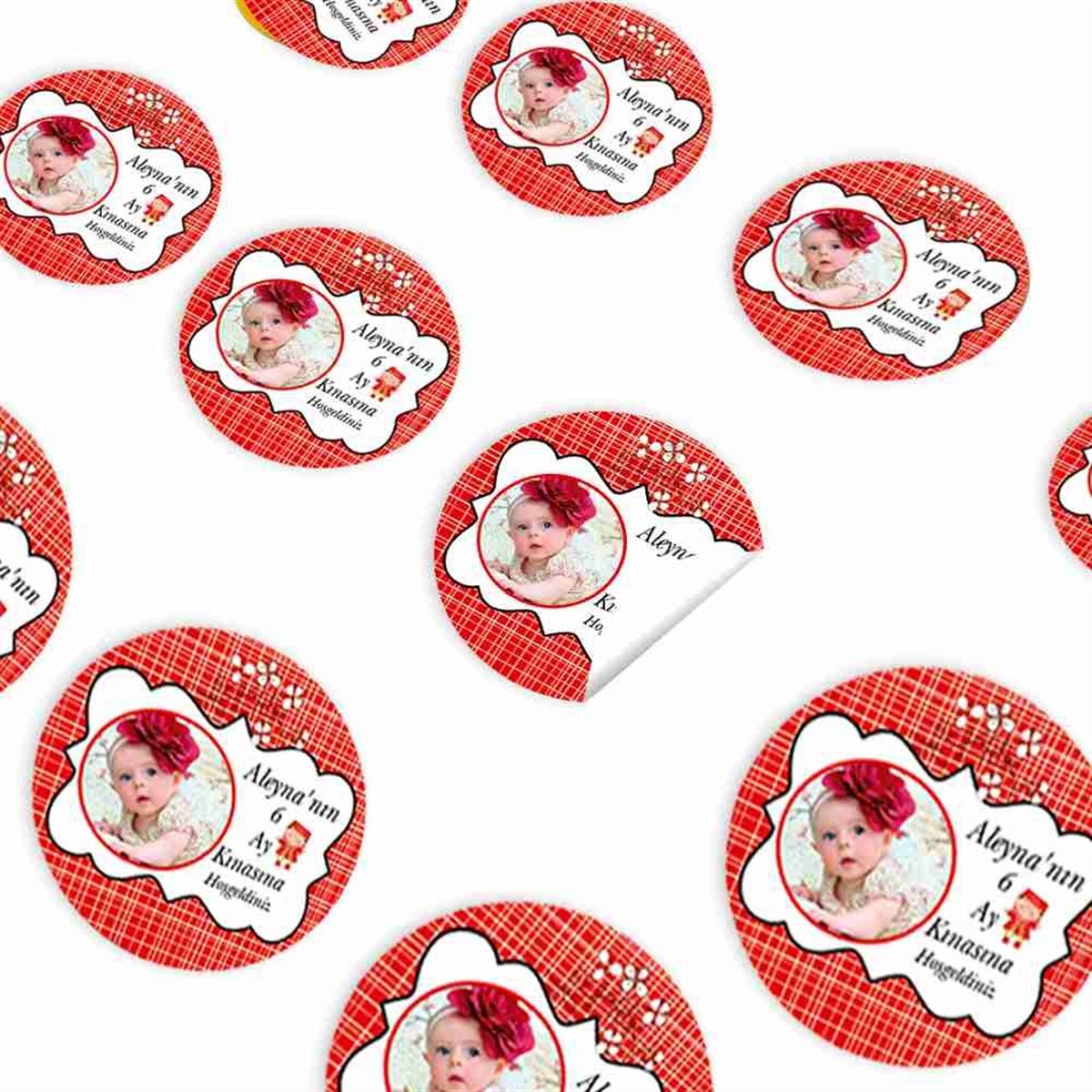 6 Ay Kınası Kırmızı Çizgili Çiçekli Parti Süsleri Sticker 30 Adet 