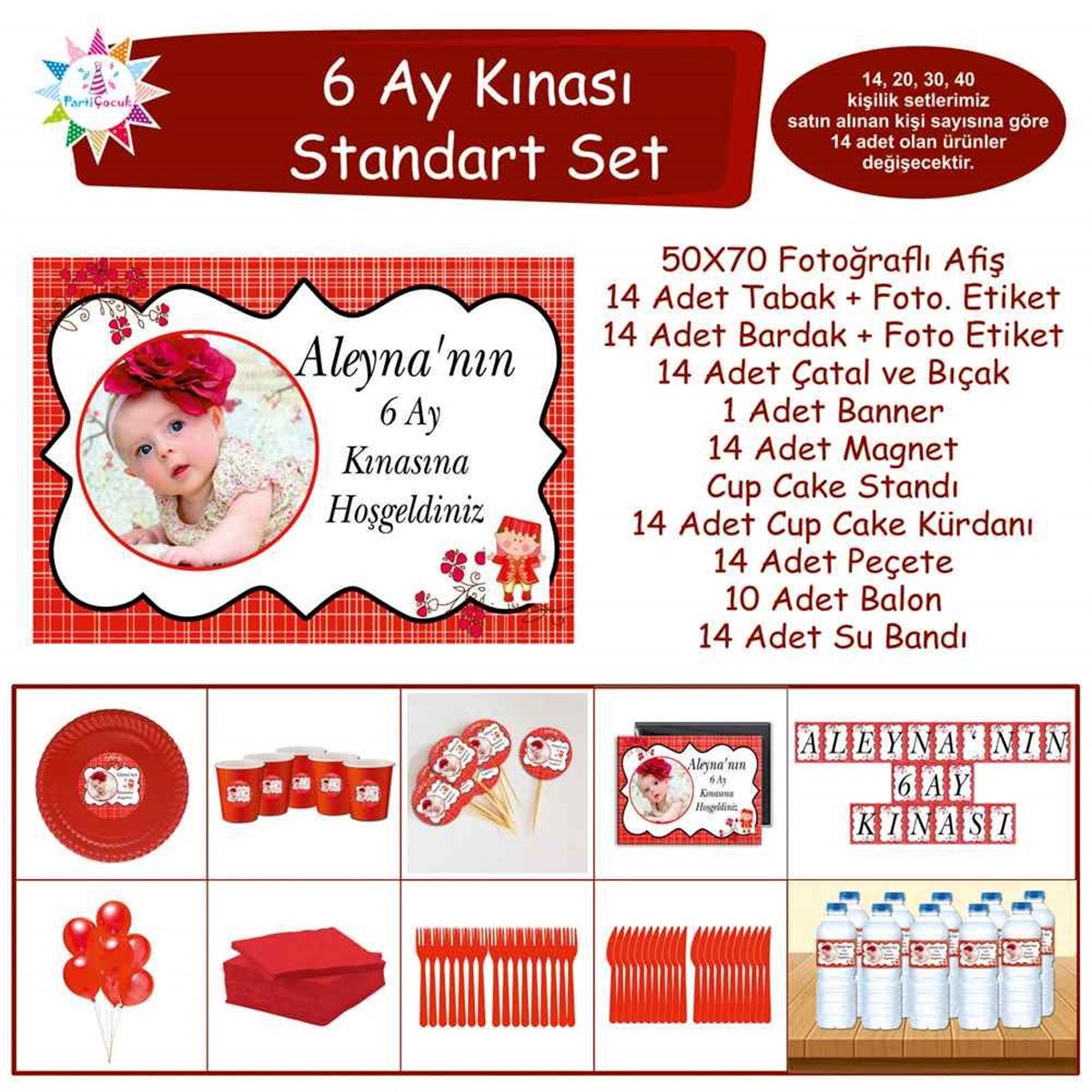 6 Ay Kınası Kırmızı Çizgili Çiçekli Standart Set 