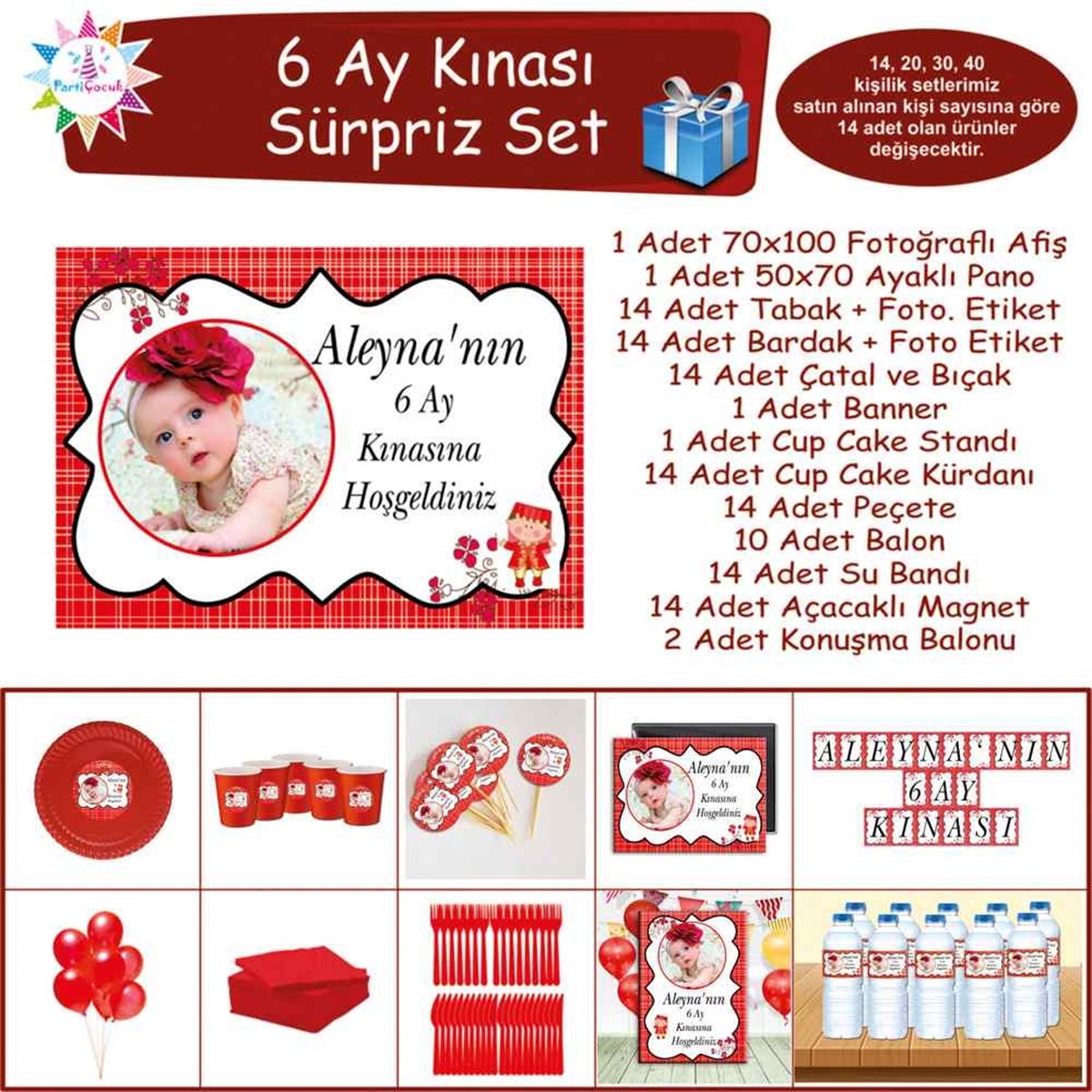 6 Ay Kınası Kırmızı Çizgili Çiçekli Sürpriz Set 