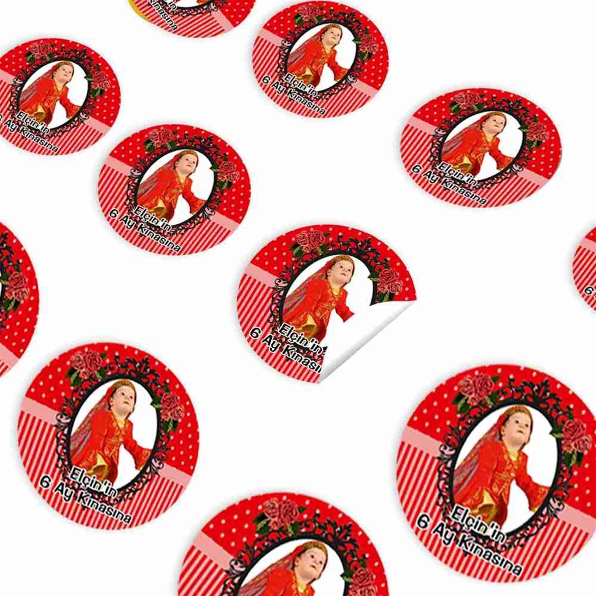6 Ay Kınası kırmızı çizgli Güllü Parti Sticker 30 Adet 