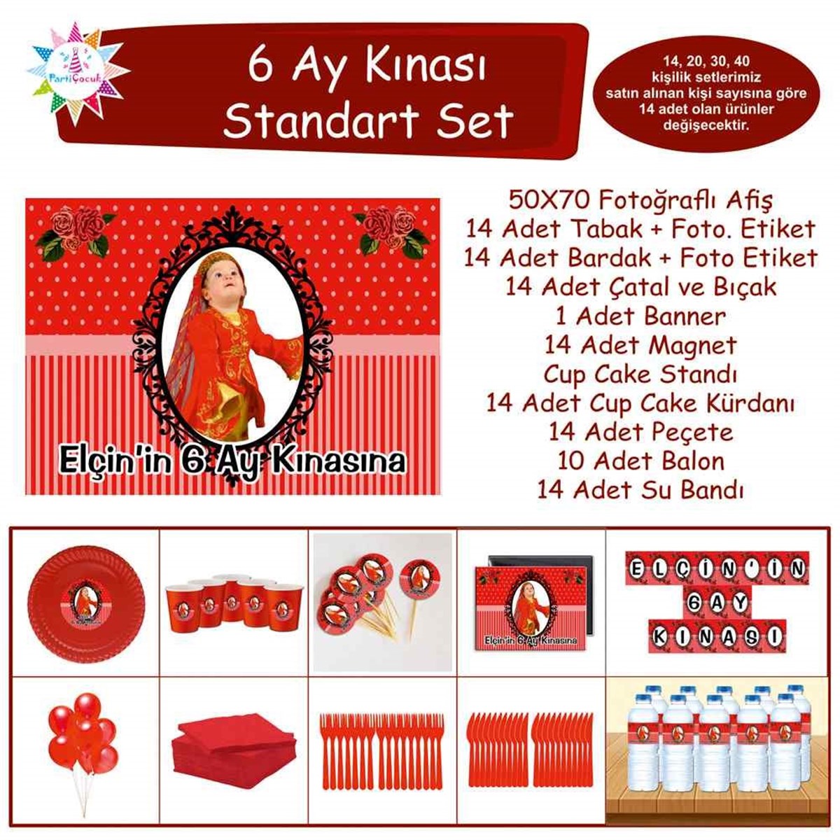 6 Ay Kınası Kırmızı Çizgli Güllü Parti Afiş Standart Set 