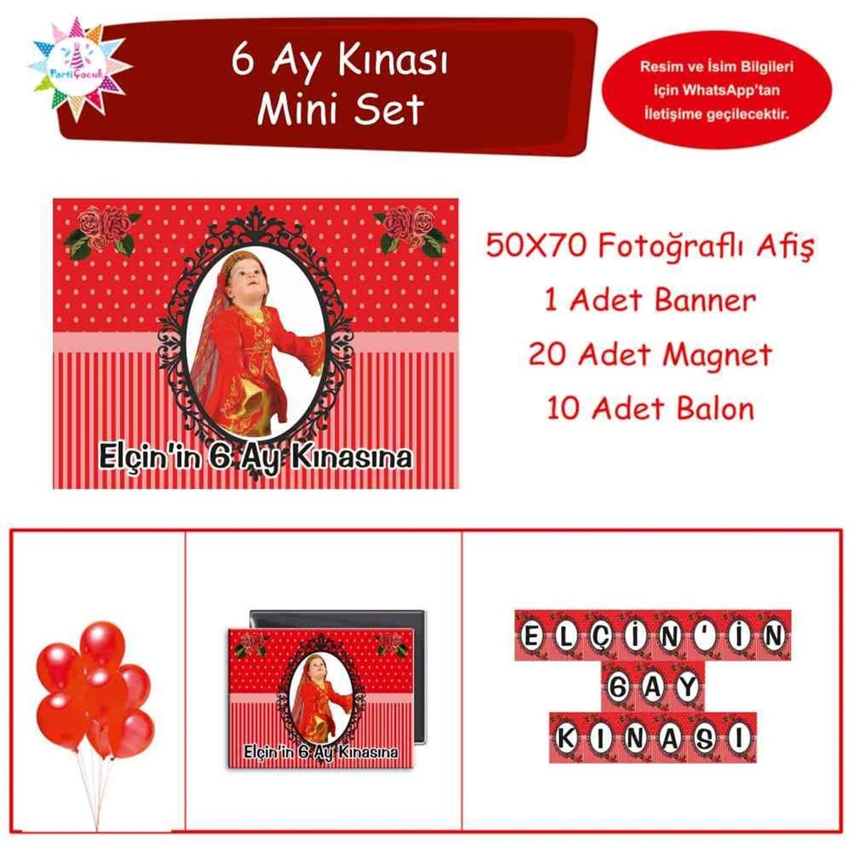 6 Ay Kınası kırmızı çizgli Güllü Parti Mini Set 