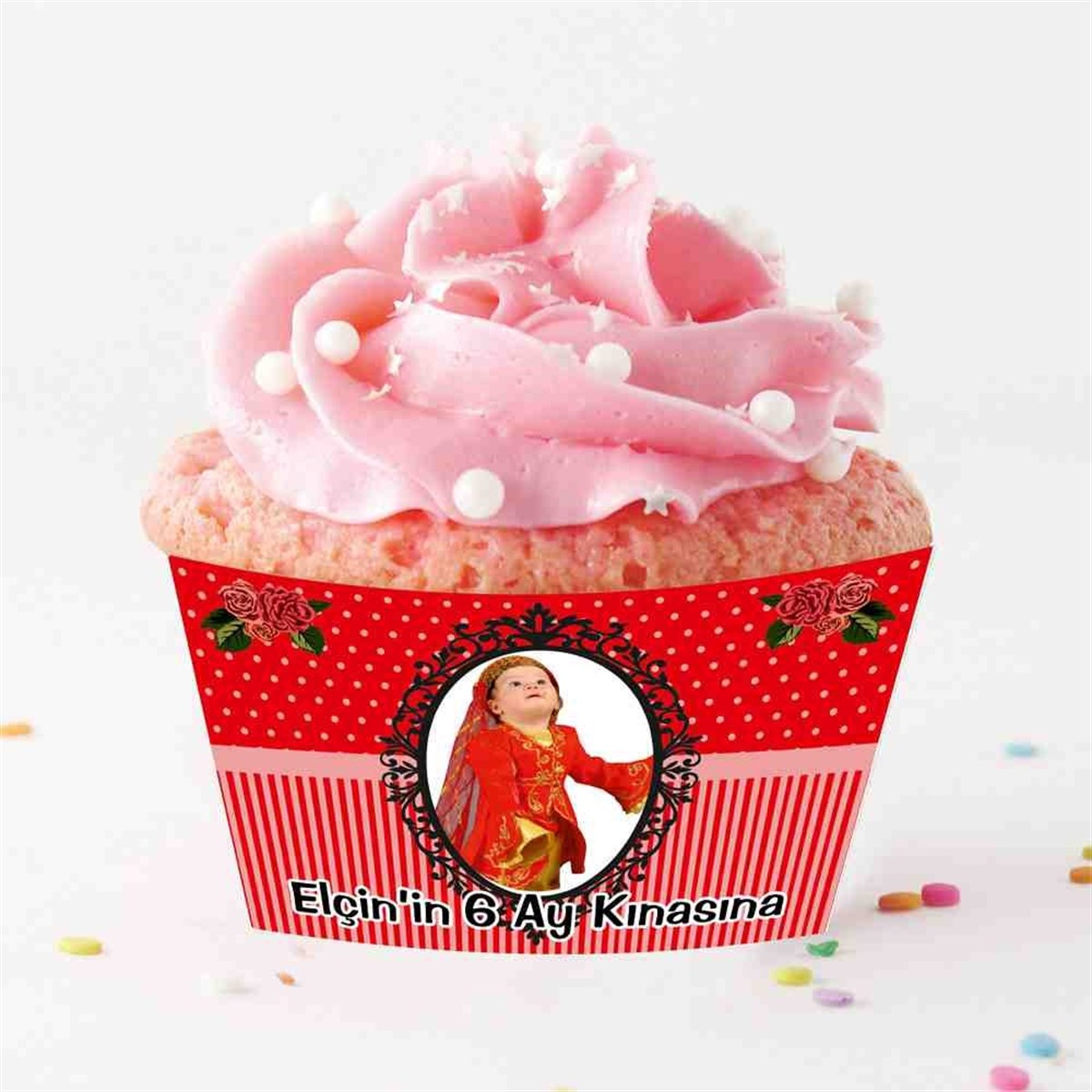 6 Ay Kınası kırmızı çizgli Güllü Parti Cupcake Sargısı 