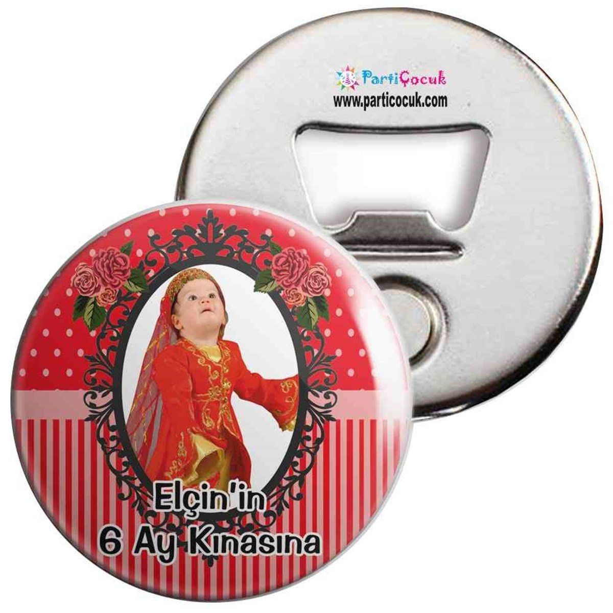 6 Ay Kınası kırmızı çizgli Güllü Parti Açacaklı Magnet 