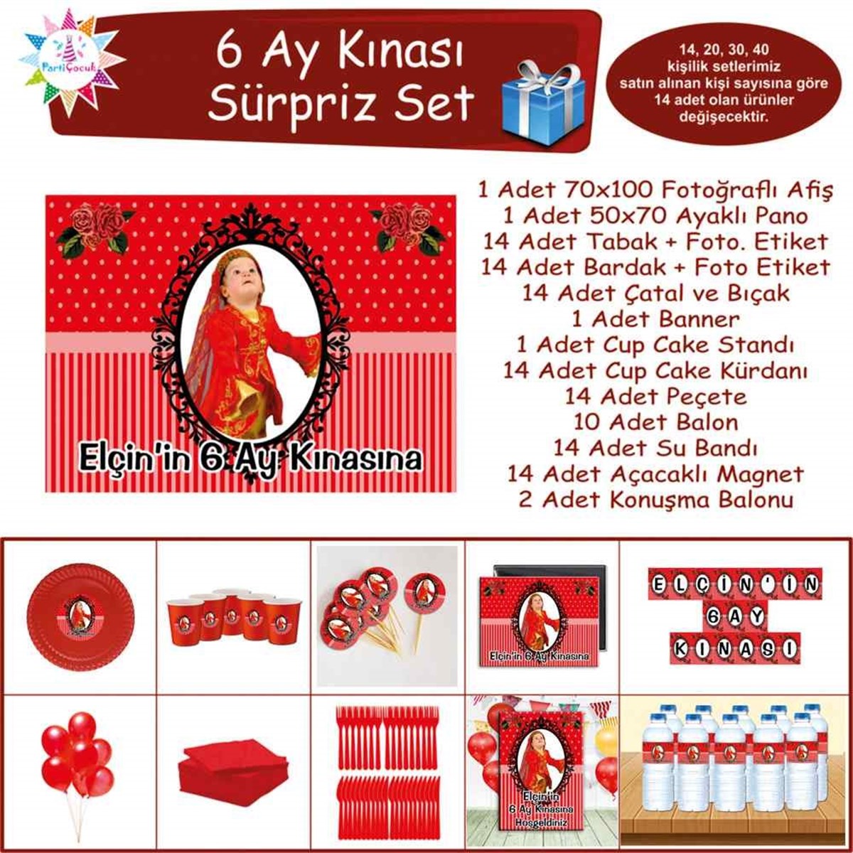 6 Ay Kınası Kırmızı Çizgli Güllü Parti Afiş Sürpriz Set 