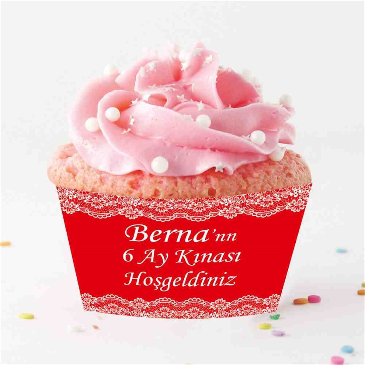 6 Ay Kınası Kırmızı Dantelli Parti Cupcake Sargısı 