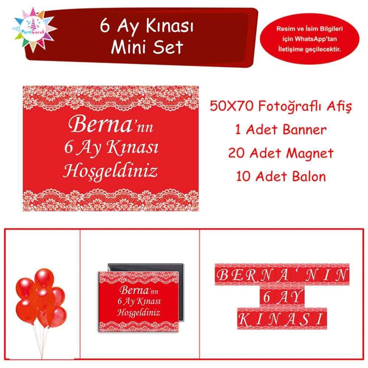 6 Ay Kınası Kırmızı Dantelli Parti Mini Set 