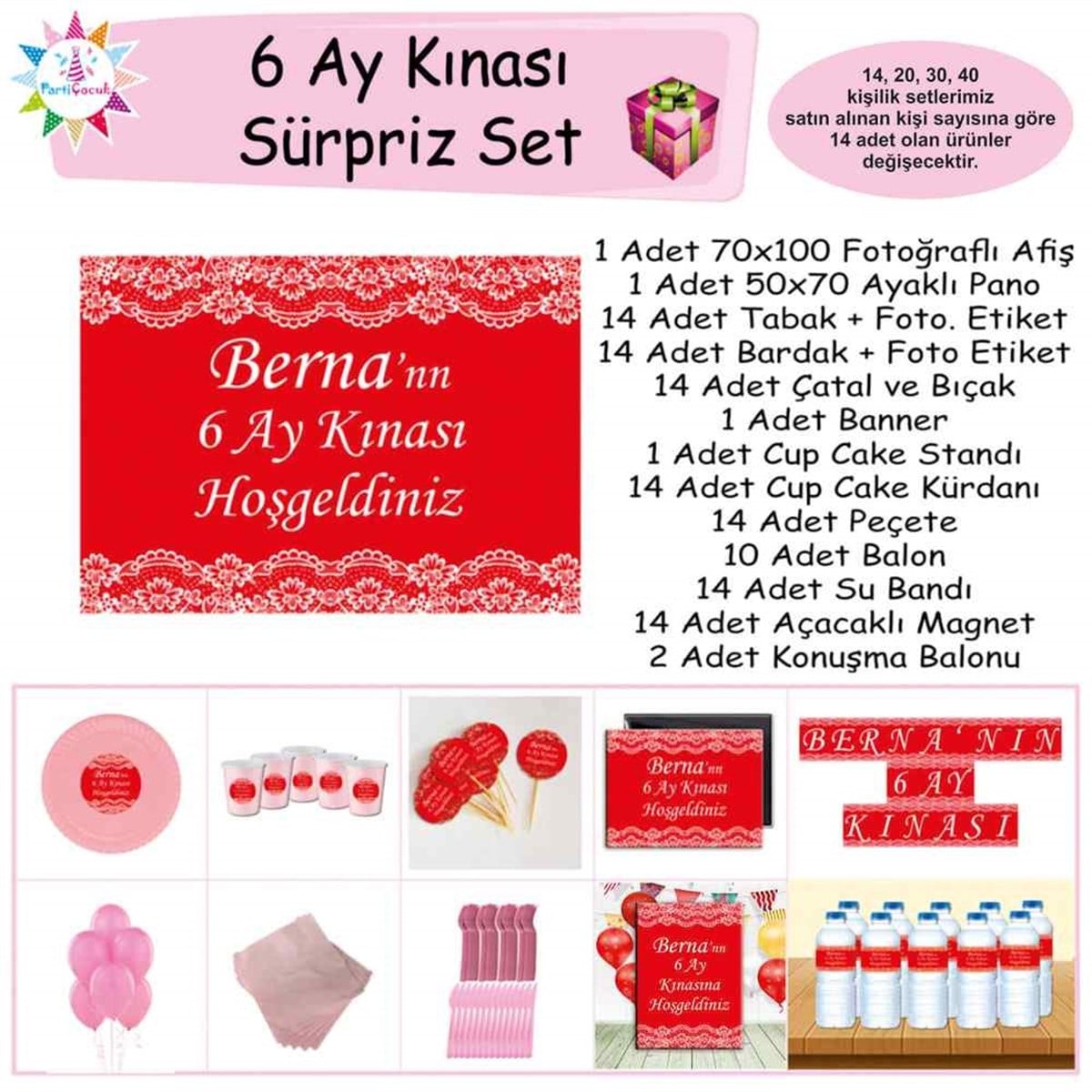 6 Ay Kınası Kırmızı Dantelli Parti Sürpriz Set 