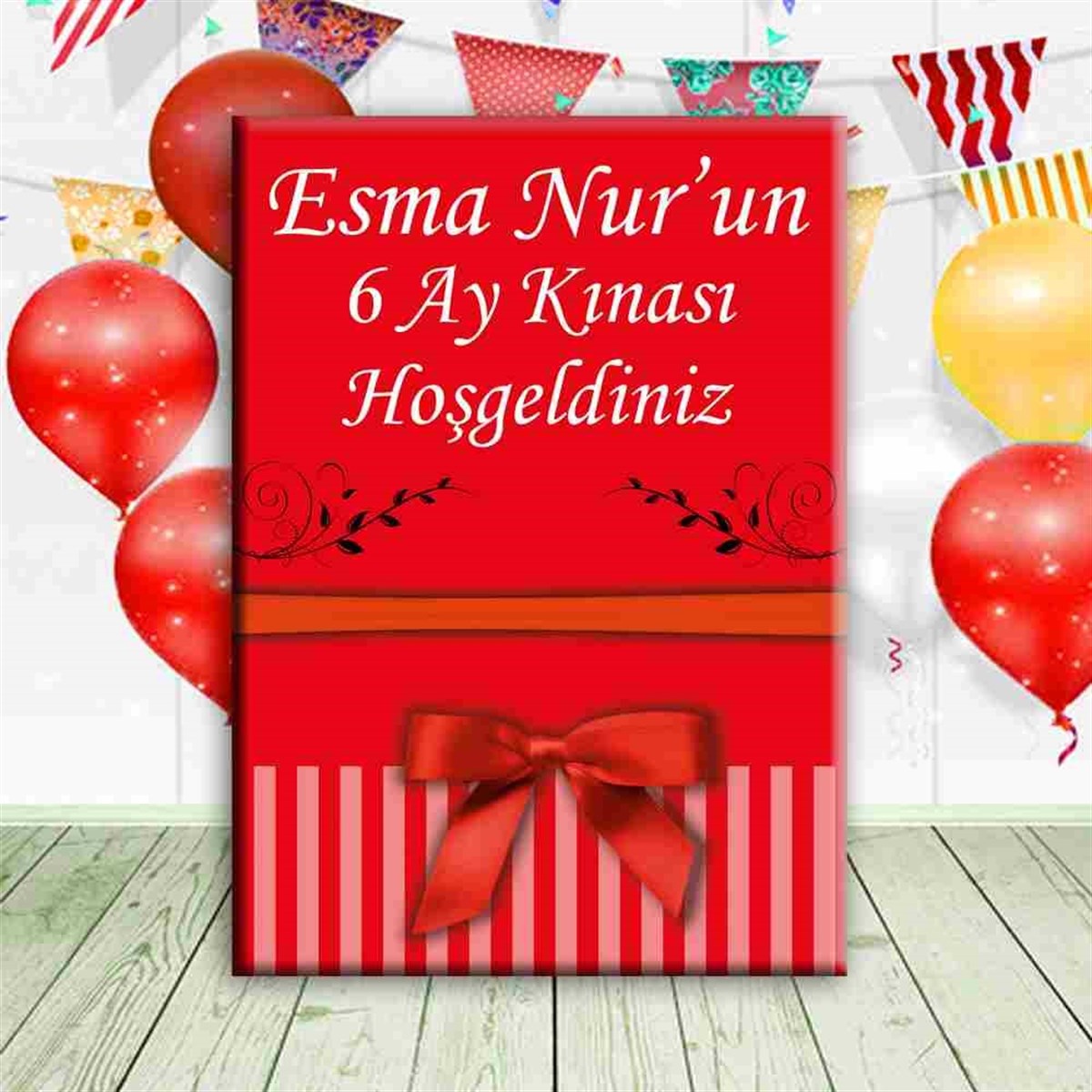 6 Ay Kınası Kırmızı Fiyonklu Konsept Ayaklı Pano 
