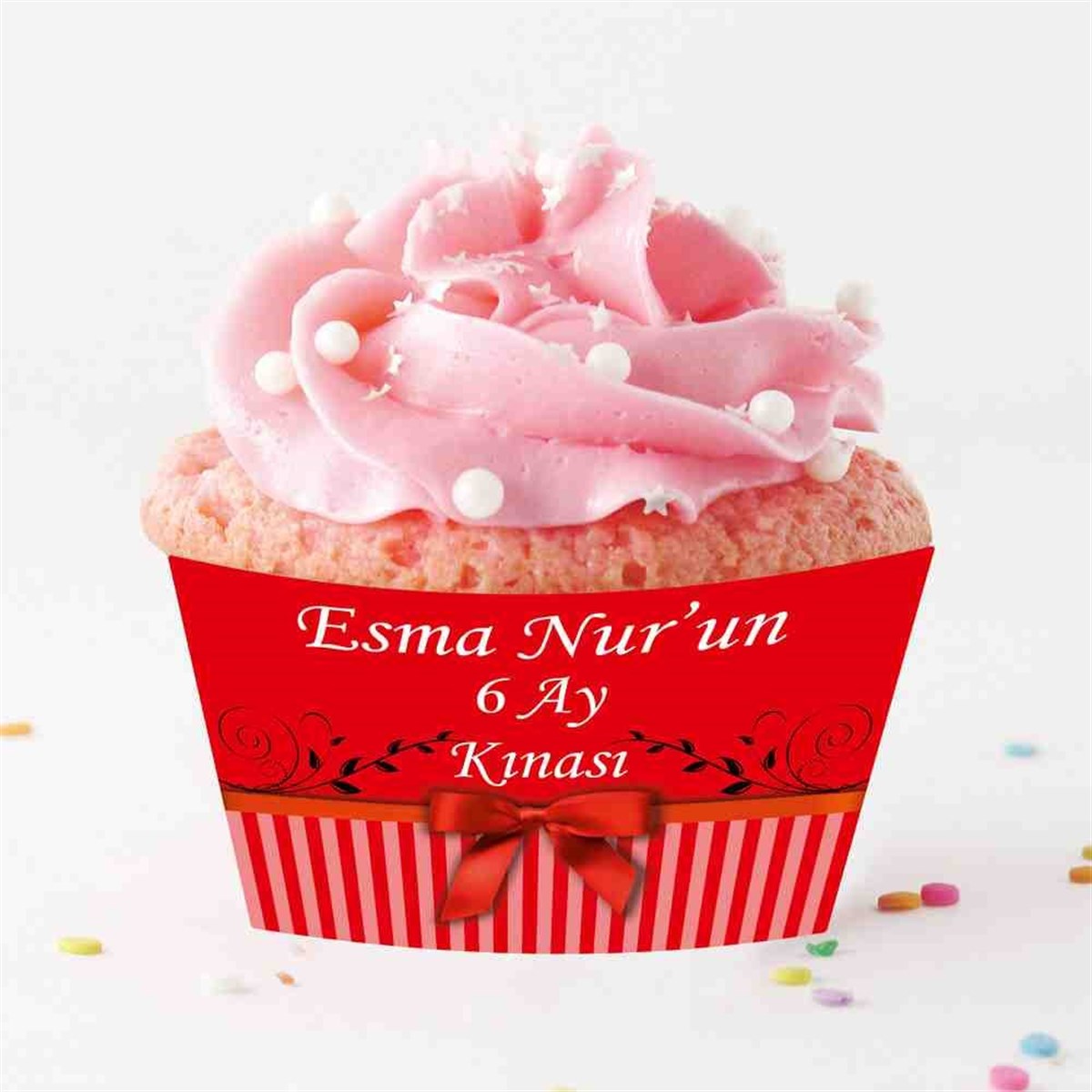 6 Ay Kınası Kırmızı Fiyonklu Konsept Cupcake Sargısı 