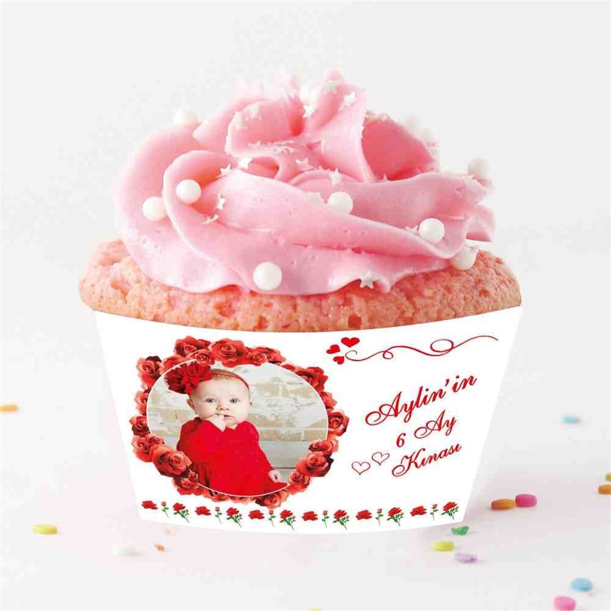 6 Ay Kınası kırmızı güllü Parti Cupcake Sargısı 