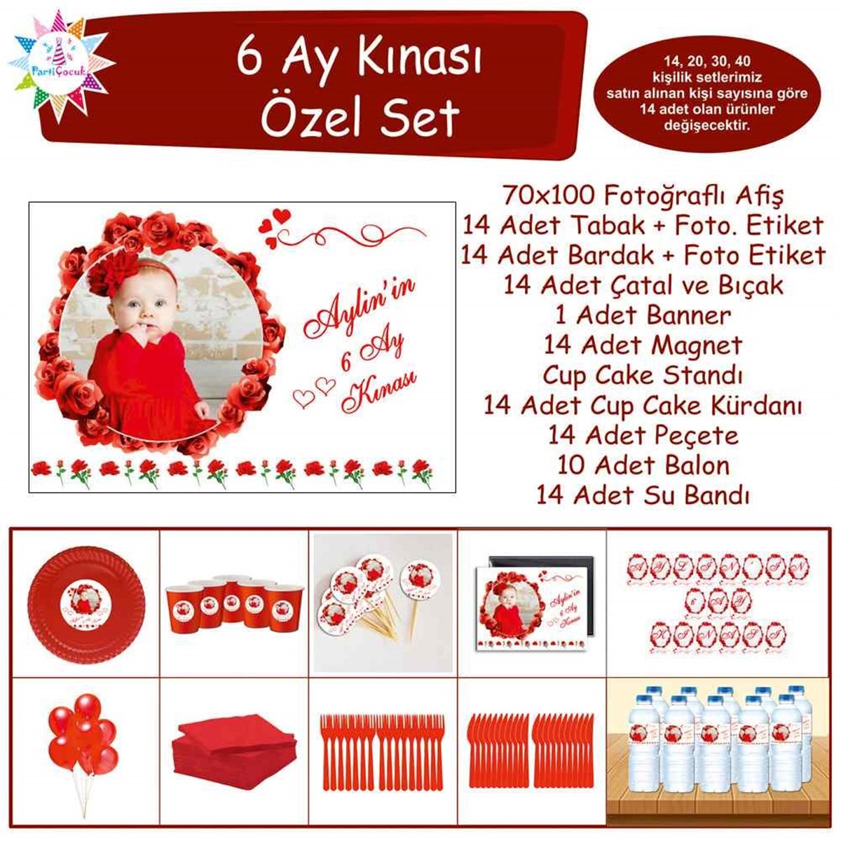 6 Ay Kınası Kırmızı Güllü Parti Özel Set 