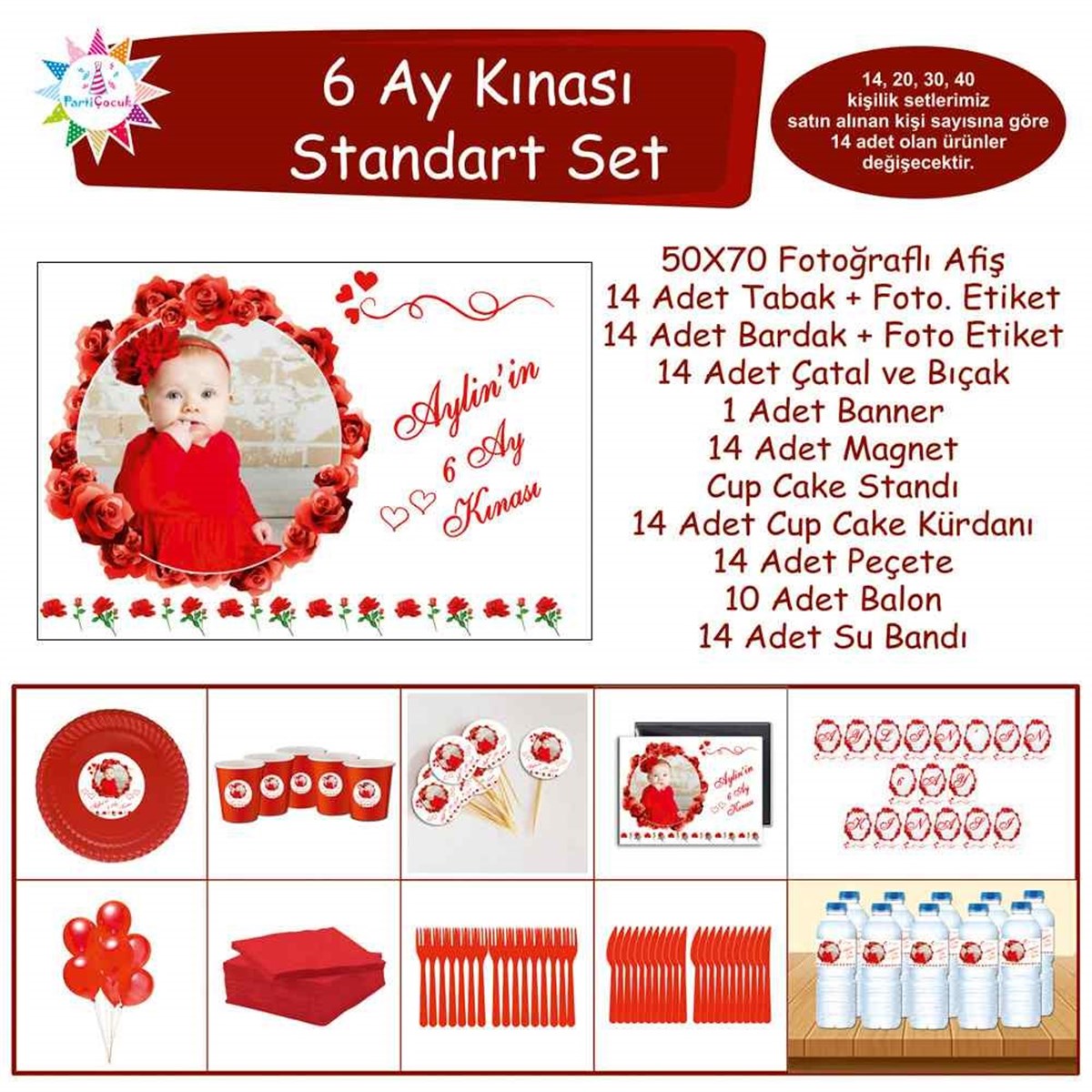 6 Ay Kınası Kırmızı Güllü Parti Standart Set 