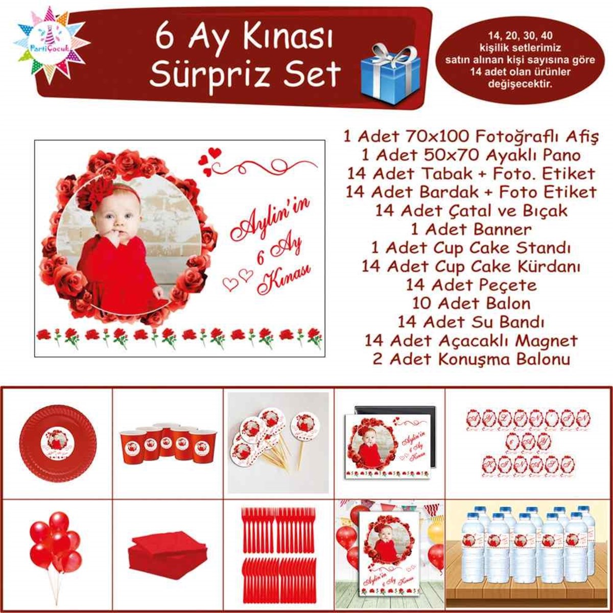 6 Ay Kınası Kırmızı Güllü Parti Sürpriz Set 