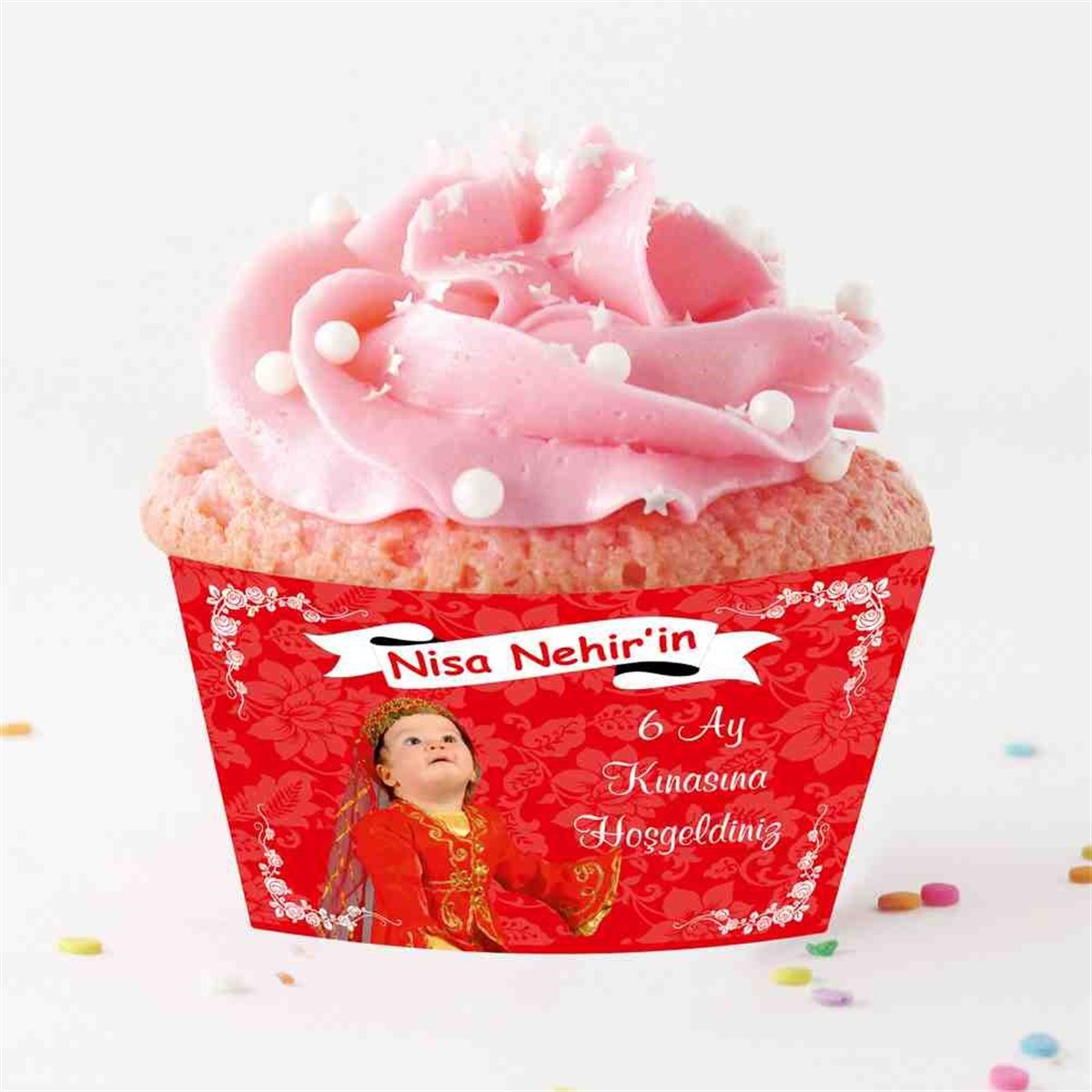6 Ay Kınası Kırmızı Kuşaklı Parti Cupcake Sargısı 