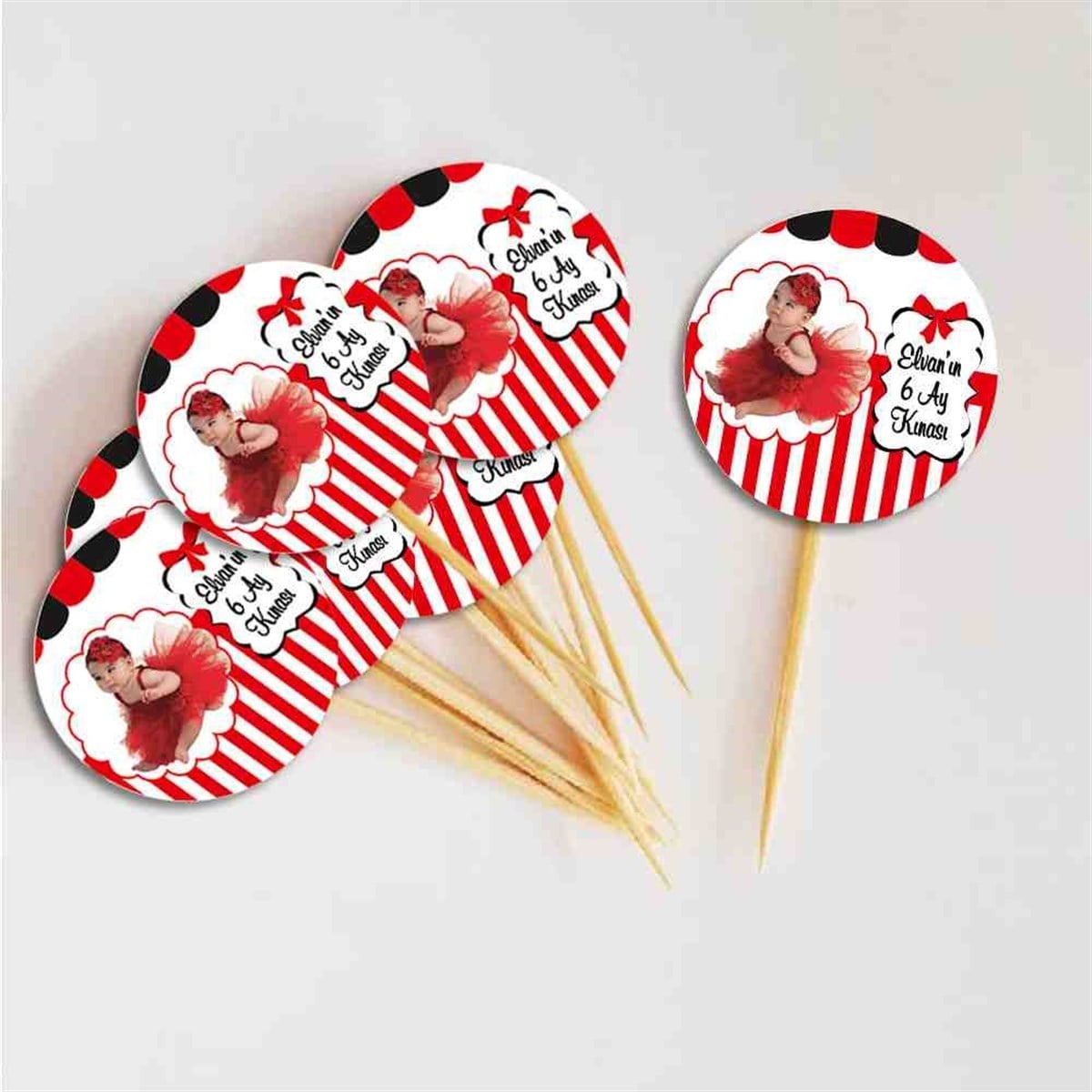 6 Ay Kınası kırmızı siyahlı Parti Cupcake Kurdanı 