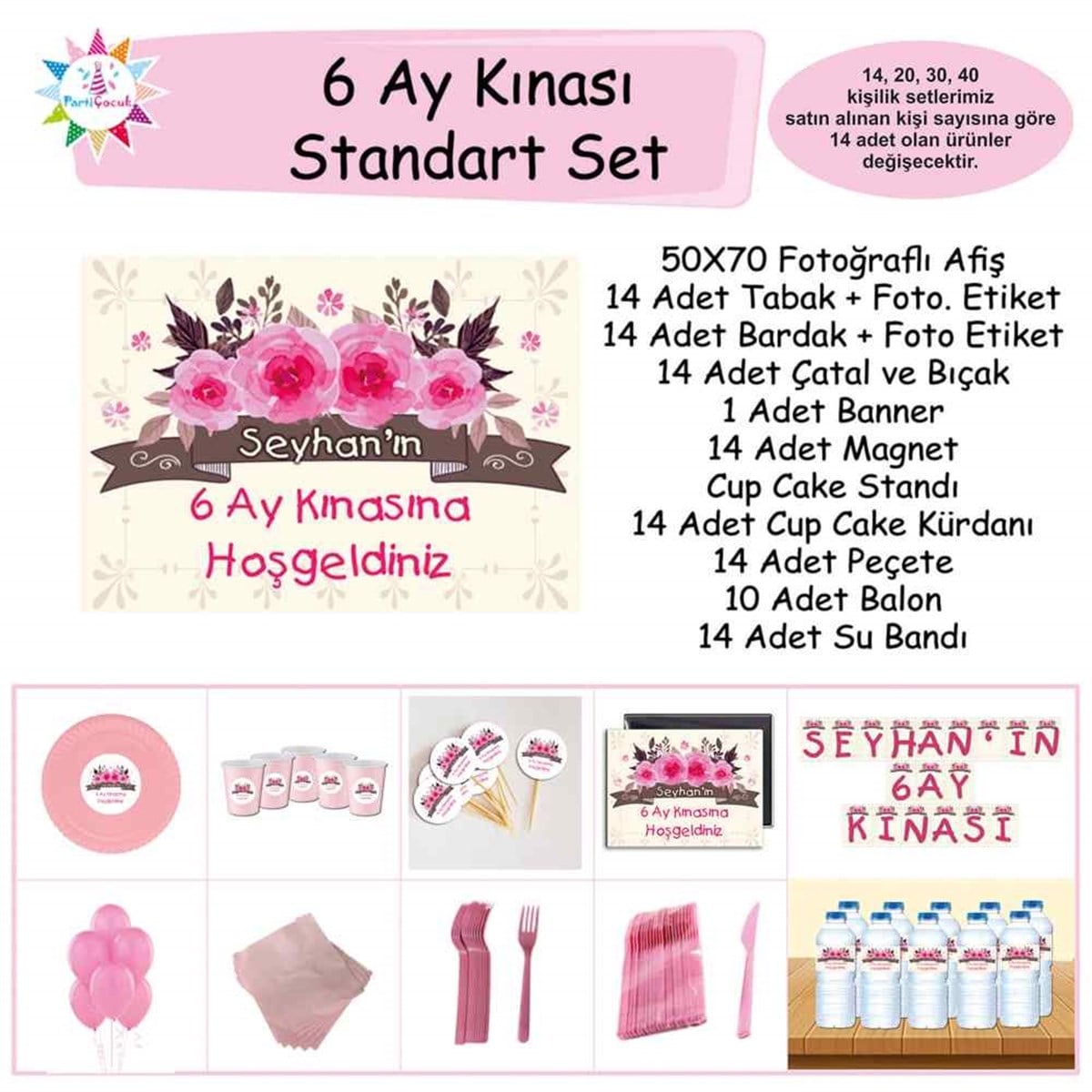 6 Ay Kınası Krem Pembe Gül Parti Standart Set  