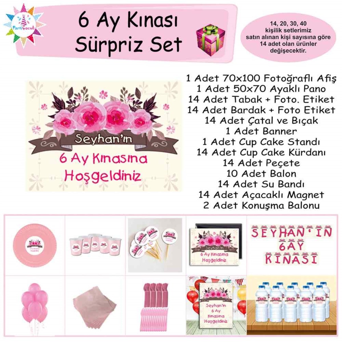 6 Ay Kınası Krem Pembe Gül Parti Sürpriz Set 