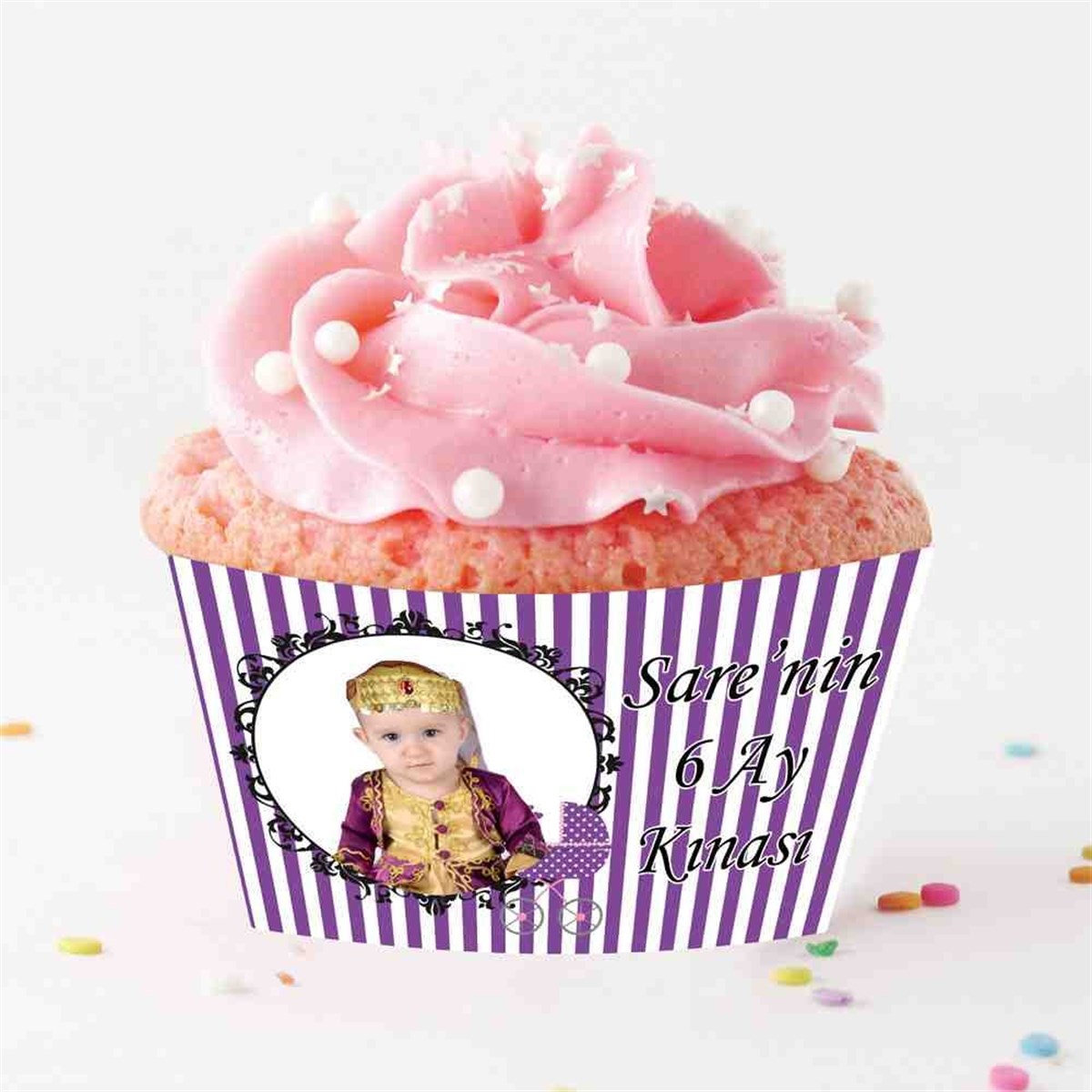 6 Ay Kınası Mor Bebek Arabalı Parti Cupcake Sargısı 