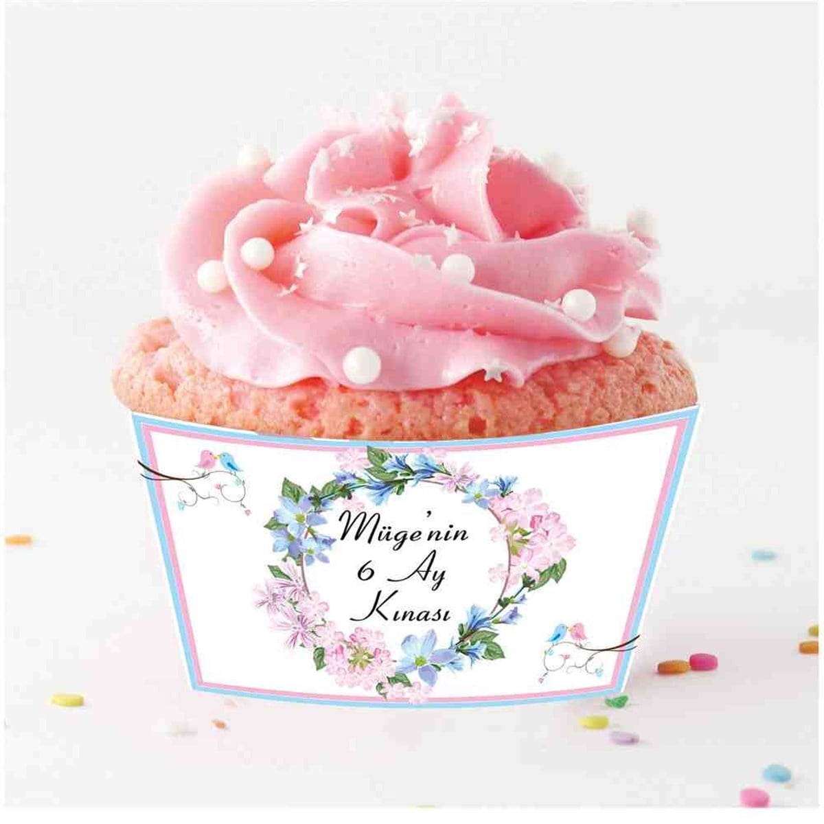 6 Ay Kınası Pembe Çicekli Kuşlu Tema Cupcake Sargısı 