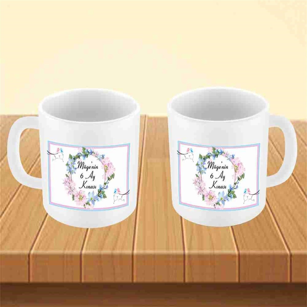 6 Ay Kınası Pembe Çicekli Kuşlu Tema Kupa Mug Bardak 
