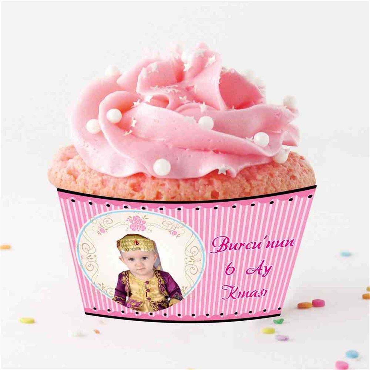 6 Ay Kınası Pembe Çizgili Parti Cupcake Sargısı 
