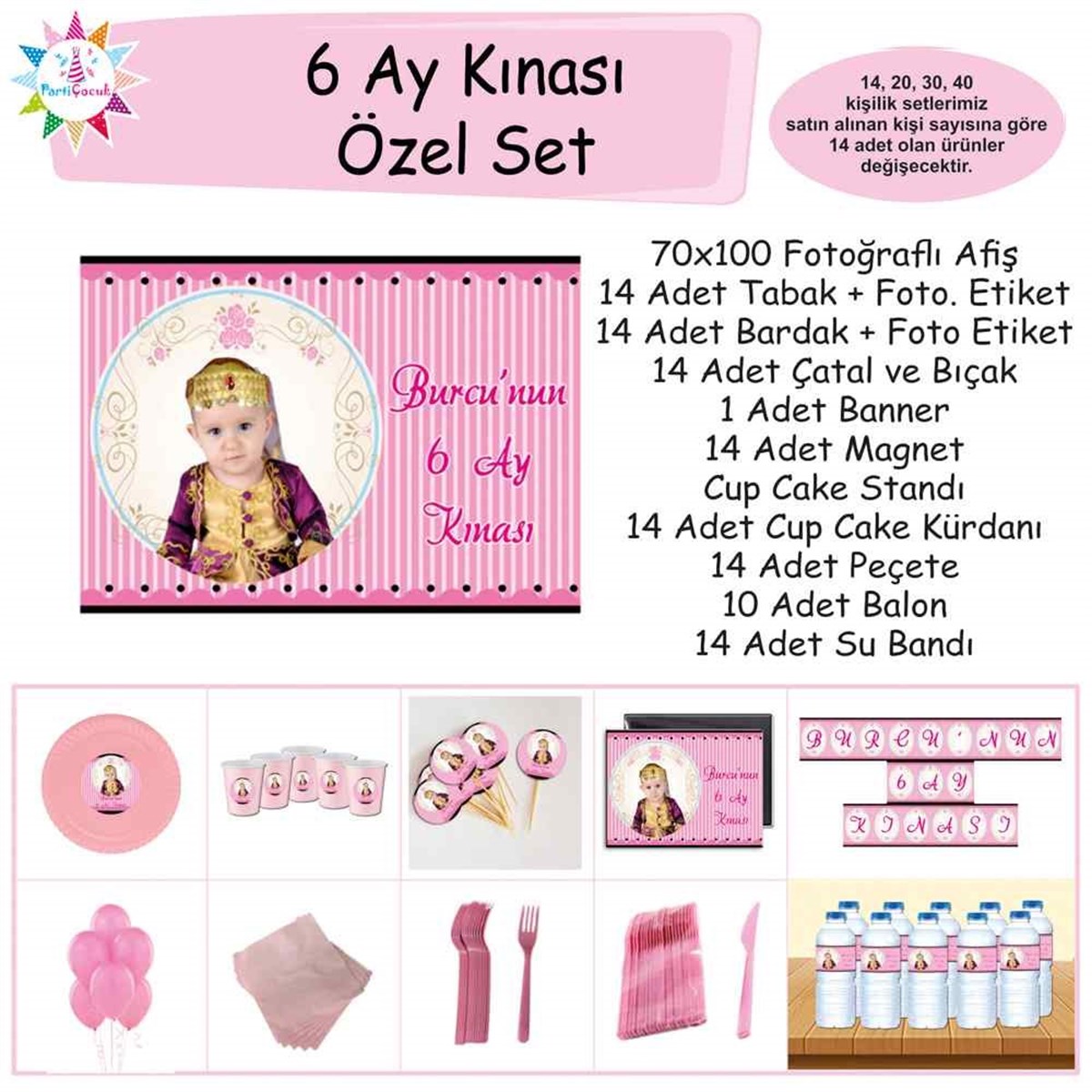 6 Ay Kınası Pembe Çizgili Parti Özel Set 