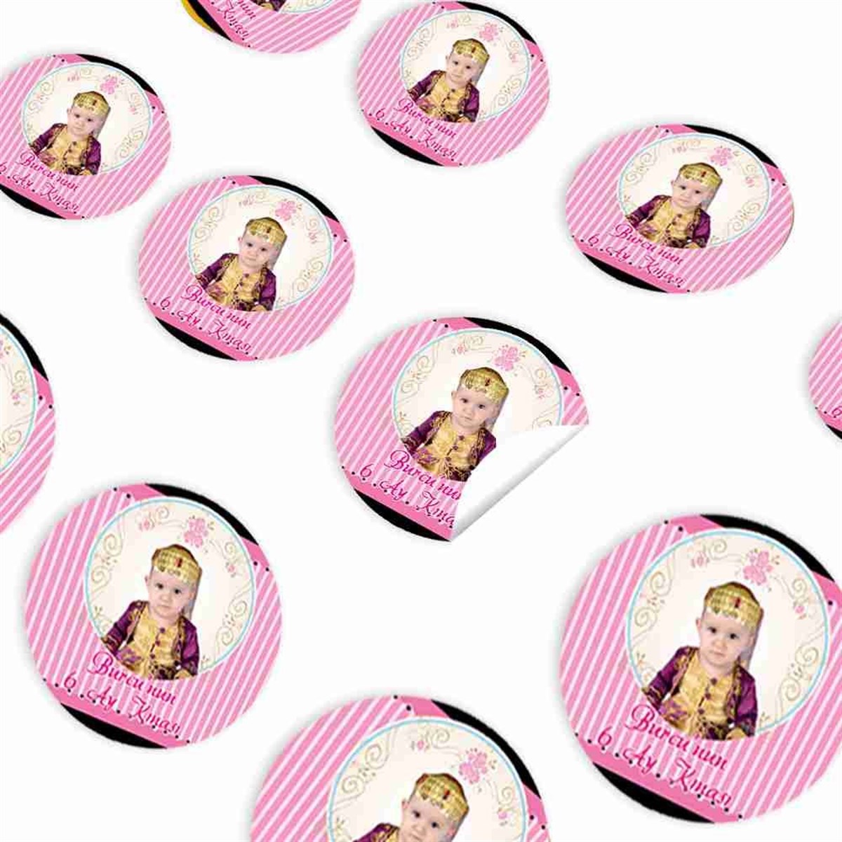 6 Ay Kınası Pembe Çizgili Parti Sticker 30 Adet 