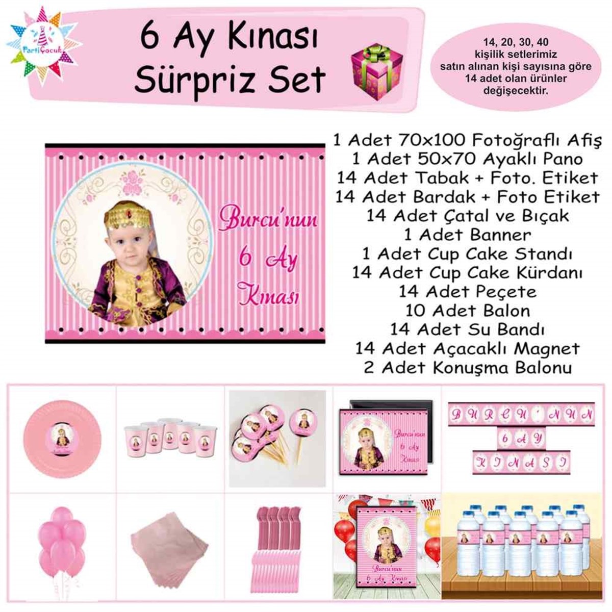 6 Ay Kınası Pembe Çizgili Parti Sürpriz Set 