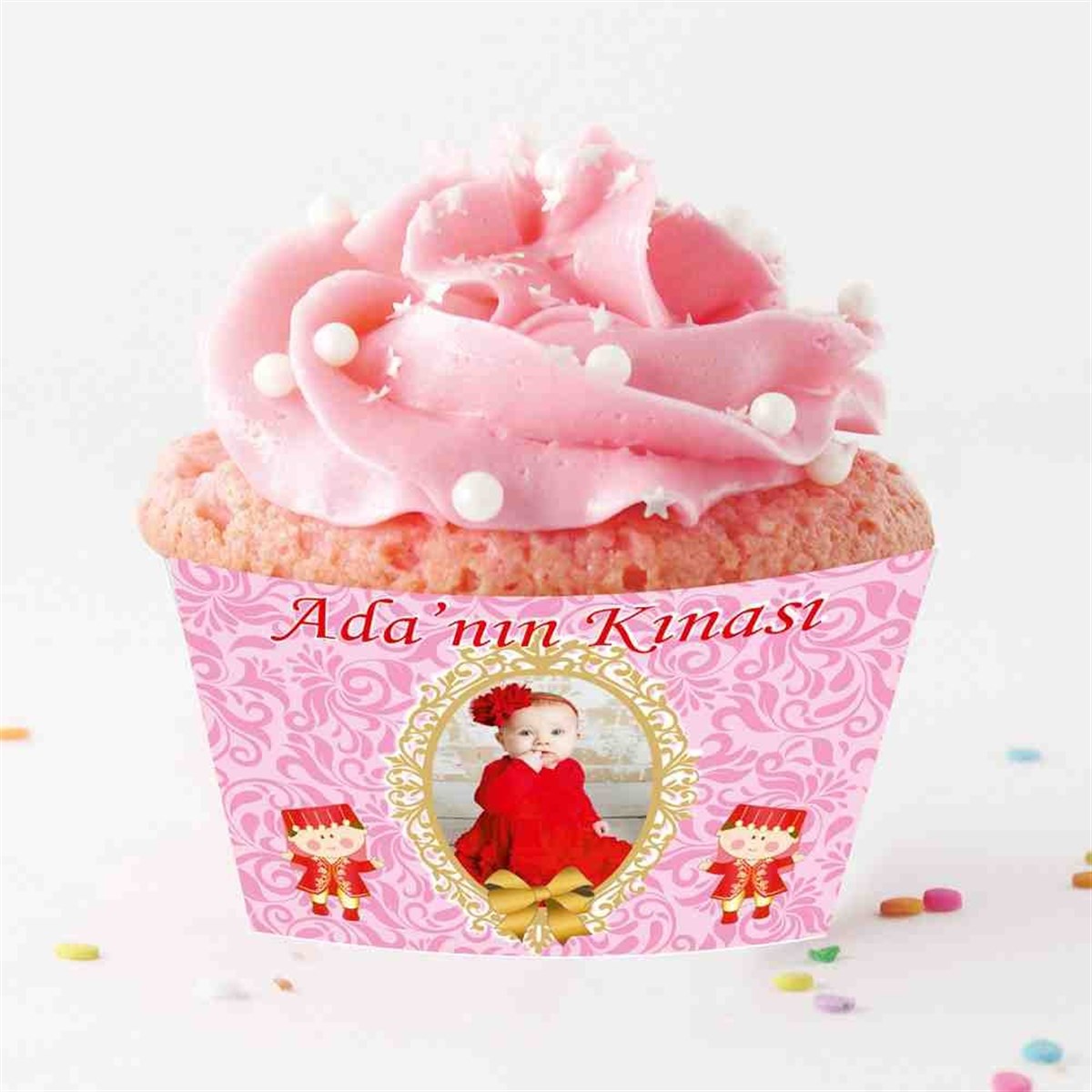 6 Ay Kınası Pembe Desenli Parti Süsü Cupcake Sargısı 