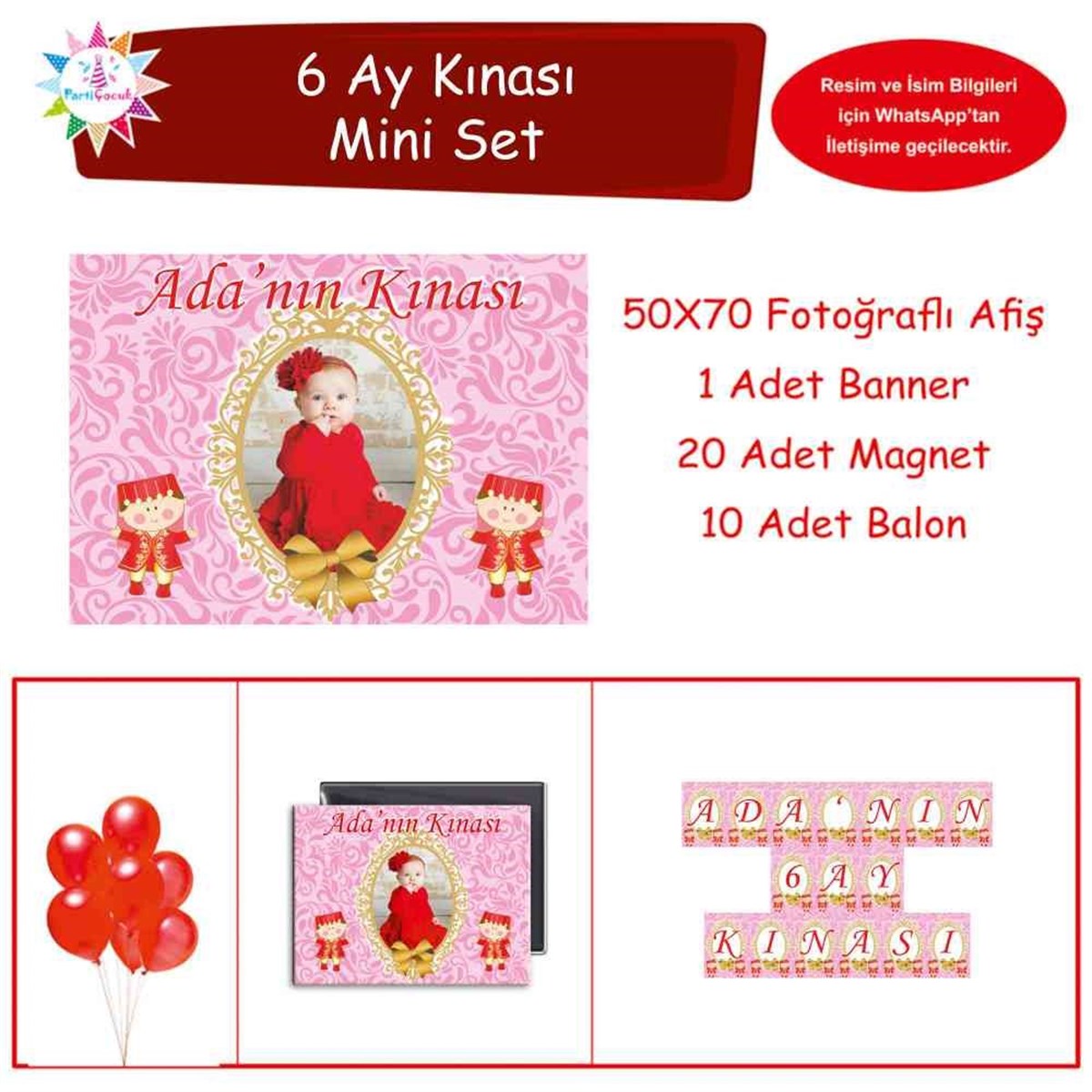6 Ay Kınası Pembe Desenli Parti Süsü Mini Set 