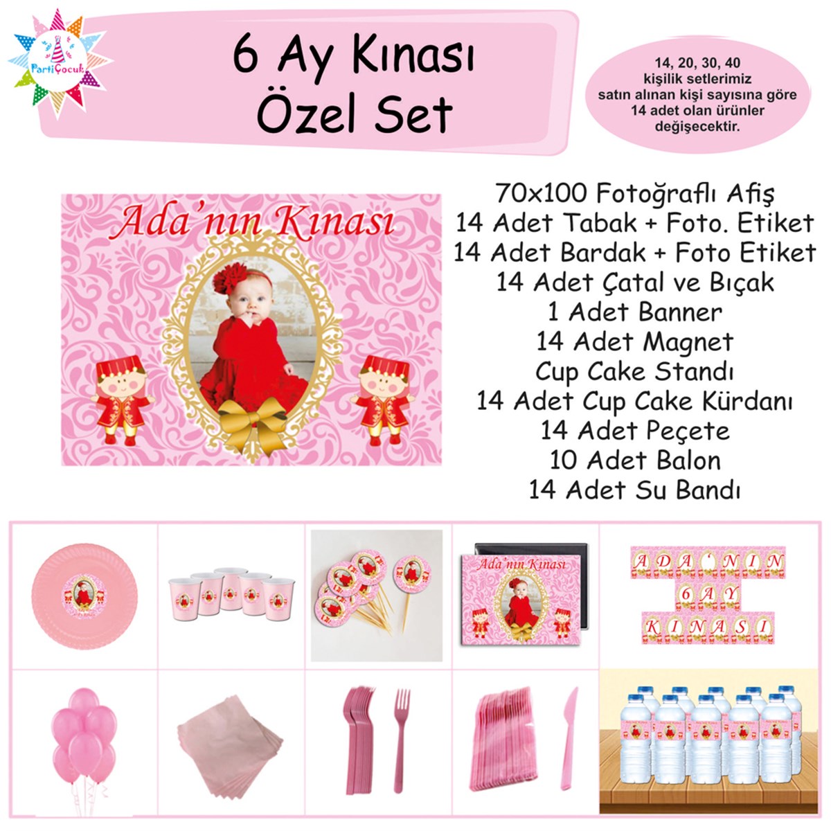 6 Ay Kınası Pembe Desenli Parti Süsü Özel Set 