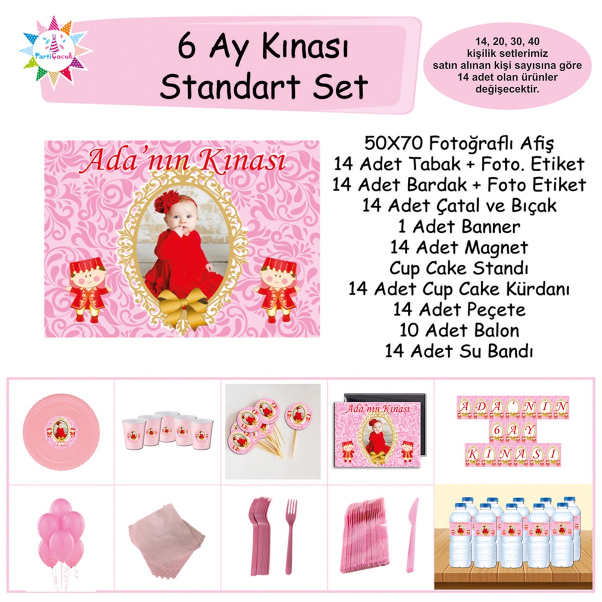 6 Ay Kınası Pembe Desenli Parti Süsü Standart Set 