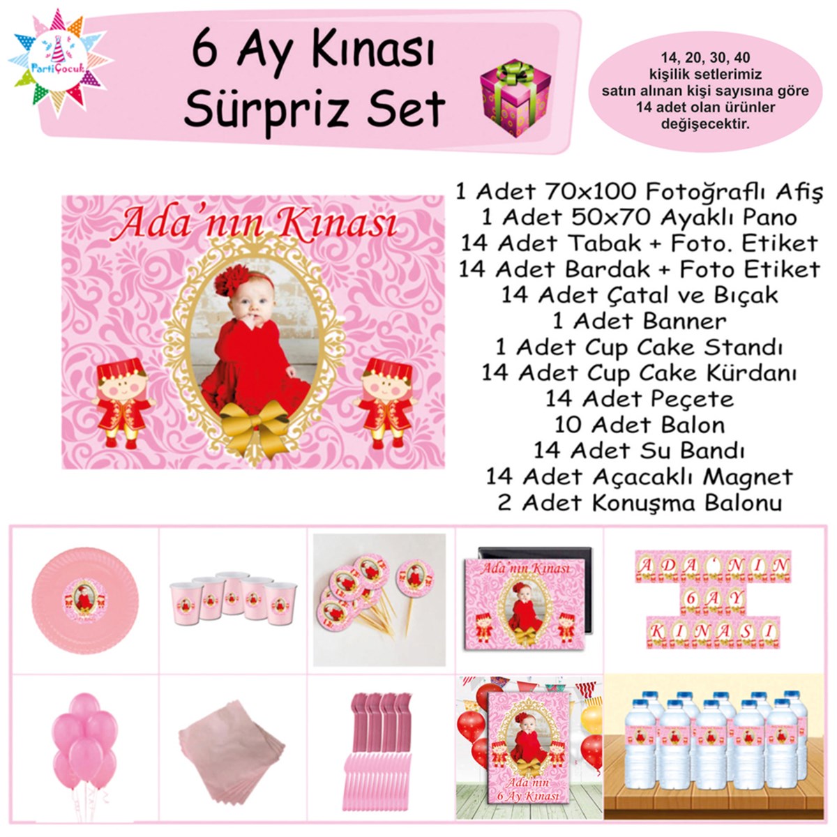 6 Ay Kınası Pembe Desenli Parti Süsü Sürpriz Set 