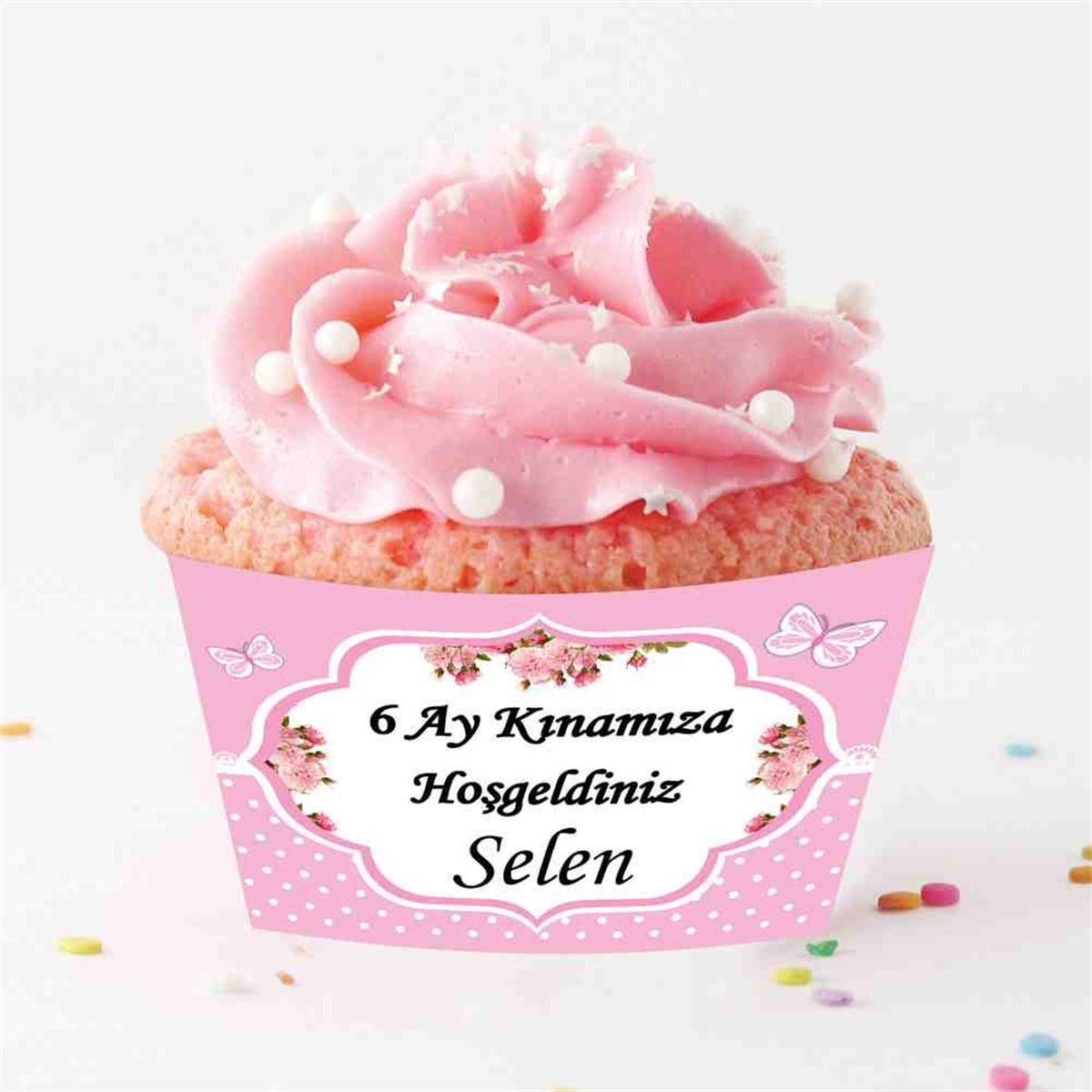 6 Ay Kınası pembe kelebekli Parti Malzemesi Cupcake Sargısı 