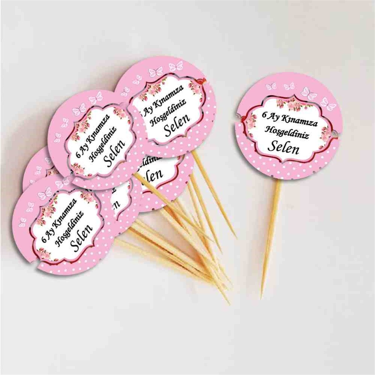 6 Ay Kınası pembe kelebekli Parti Malzemesi Cupcake Kurdanı 
