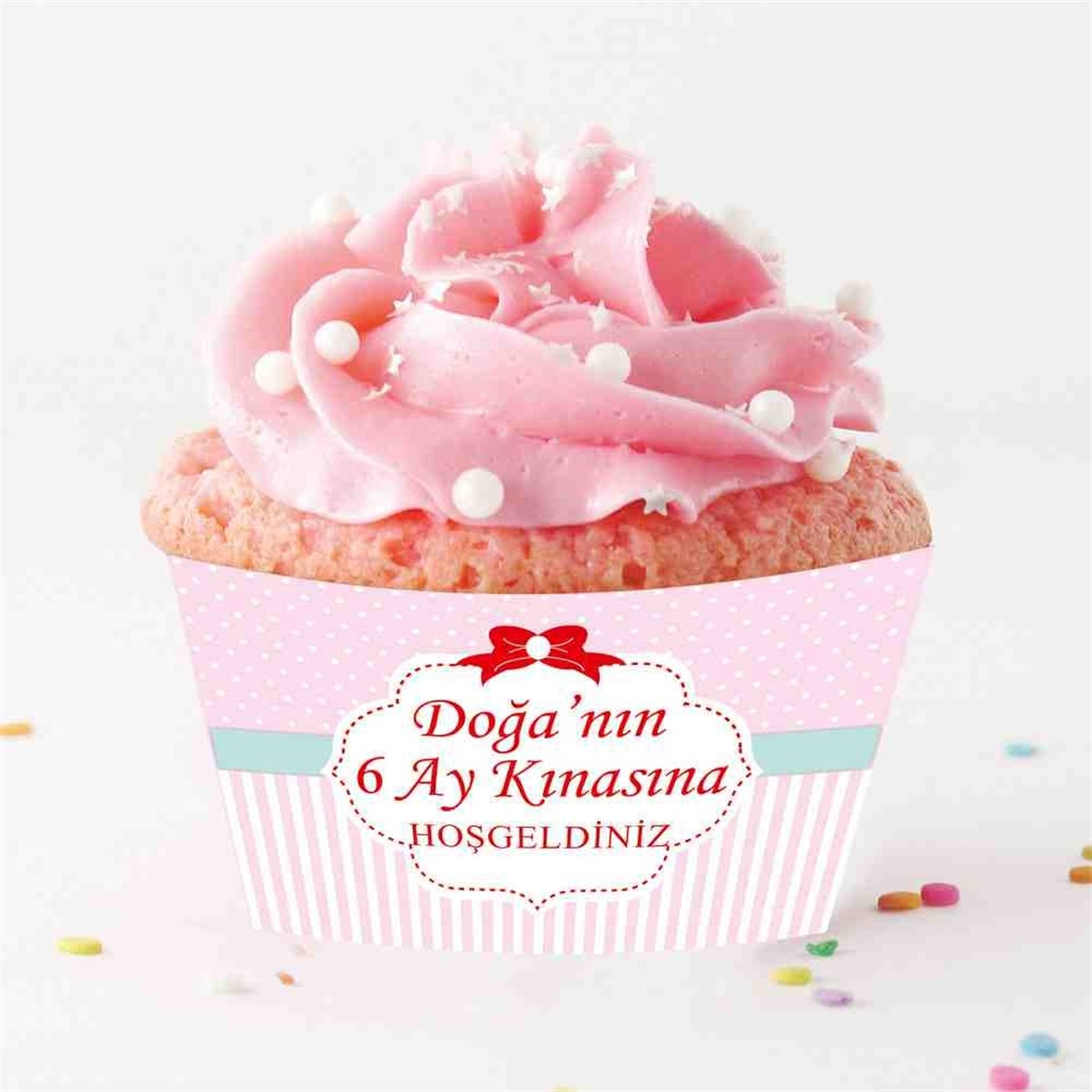 6 Ay Kınası Pembe Kırmızı Kurdeleli Parti Cupcake Sargısı 