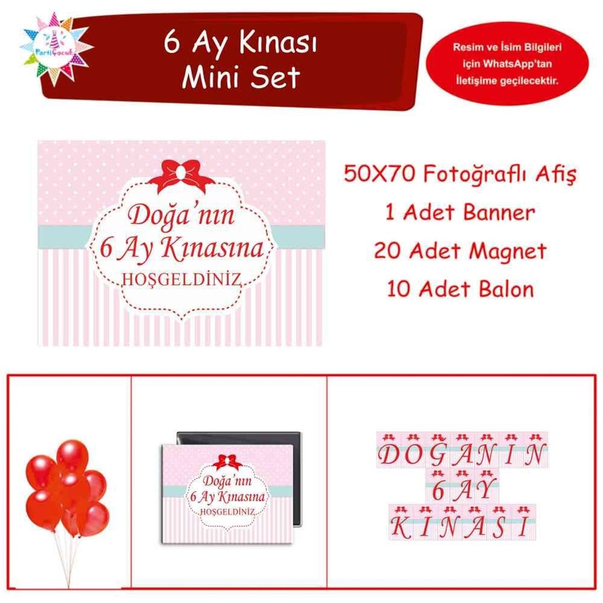 6 Ay Kınası Pembe Kırmızı Kurdeleli Parti Mini Set 