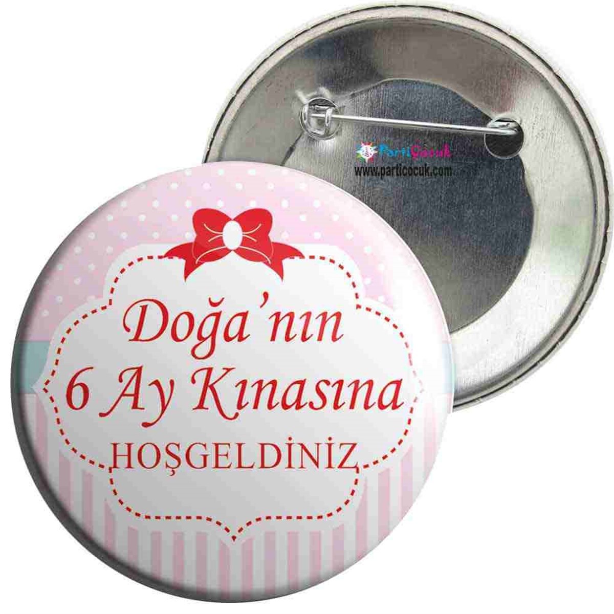6 Ay Kınası Pembe Kırmızı Kurdeleli Parti İğneli Rozet 