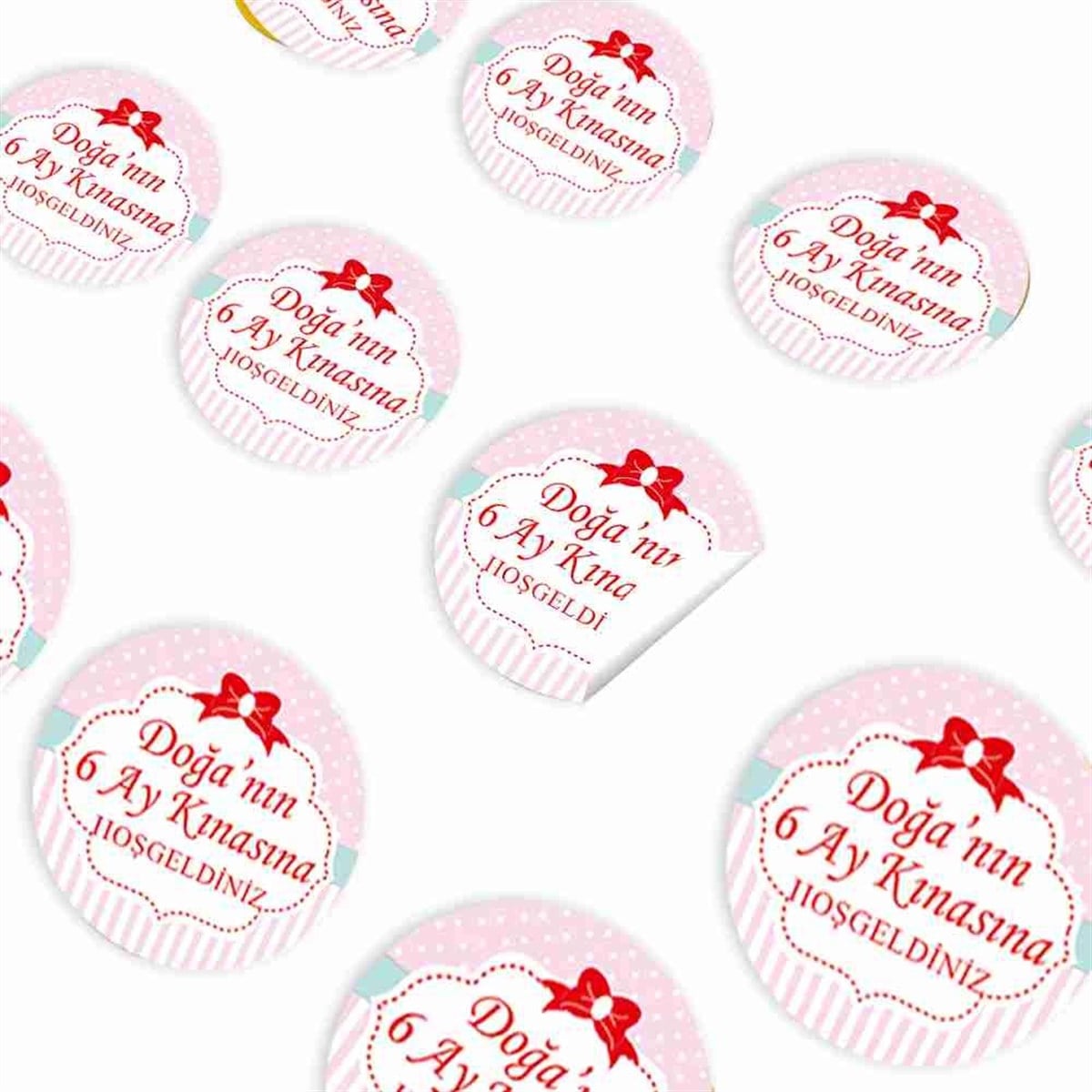 6 Ay Kınası Pembe Kırmızı Kurdeleli Parti Sticker 30 Adet 