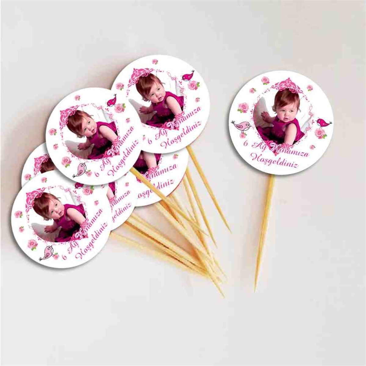 6 Ay Kınası Pembe Kuşlu Tema Cupcake Kurdanı 