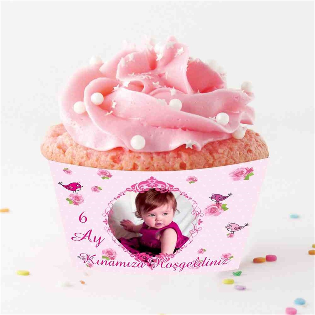 6 Ay Kınası Pembe Kuşlu Tema Cupcake Sargısı 